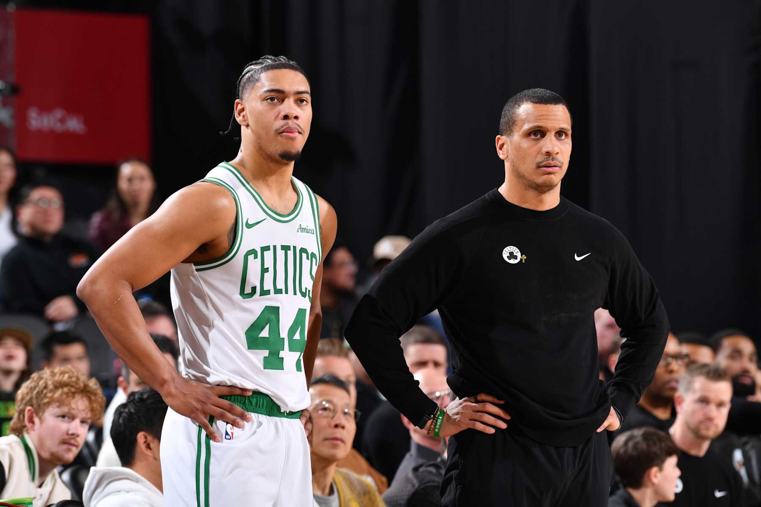 INGLEWOOD, CA - JANUARY 22: Head Coach Joe Mazzulla of the Boston Celtics and Jaden Springer #44 look on during the game against the LA Clippers on January 22, 2025 at Intuit Dome in Los Angeles, California. NOTE TO USER: User expressly acknowledges and agrees that, by downloading and/or using this Photograph, user is consenting to the terms and conditions of the Getty Images License Agreement. Mandatory Copyright Notice: Copyright 2025 NBAE (Photo by Juan Ocampo/NBAE via Getty Images) INGLEWOOD, CA - JANUARY 22: Head Coach Joe Mazzulla of the Boston Celtics and Jaden Springer #44 look on during the game against the LA Clippers on January 22, 2025 at Intuit Dome in Los Angeles, California. NOTE TO USER: User expressly acknowledges and agrees that, by downloading and/or using this Photograph, user is consenting to the terms and conditions of the Getty Images License Agreement. Mandatory Copyright Notice: Copyright 2025 NBAE (Photo by Juan Ocampo/NBAE via Getty Images)