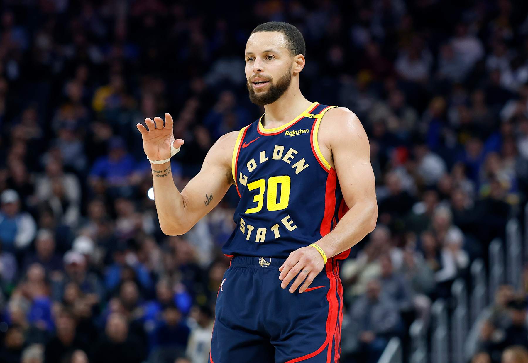 SAN FRANCISCO, CALIFORNIA - JANUARY 23: Stephen Curry #30 of the Golden State Warriors looks on against the Chicago Bulls during the second half of an NBA basketball game at Chase Center on January 23, 2025 in San Francisco, California. NOTE TO USER: User expressly acknowledges and agrees that, by downloading and or using this photograph, User is consenting to the terms and conditions of the Getty Images License Agreement. (Photo by Thearon W. Henderson/Getty Images)
