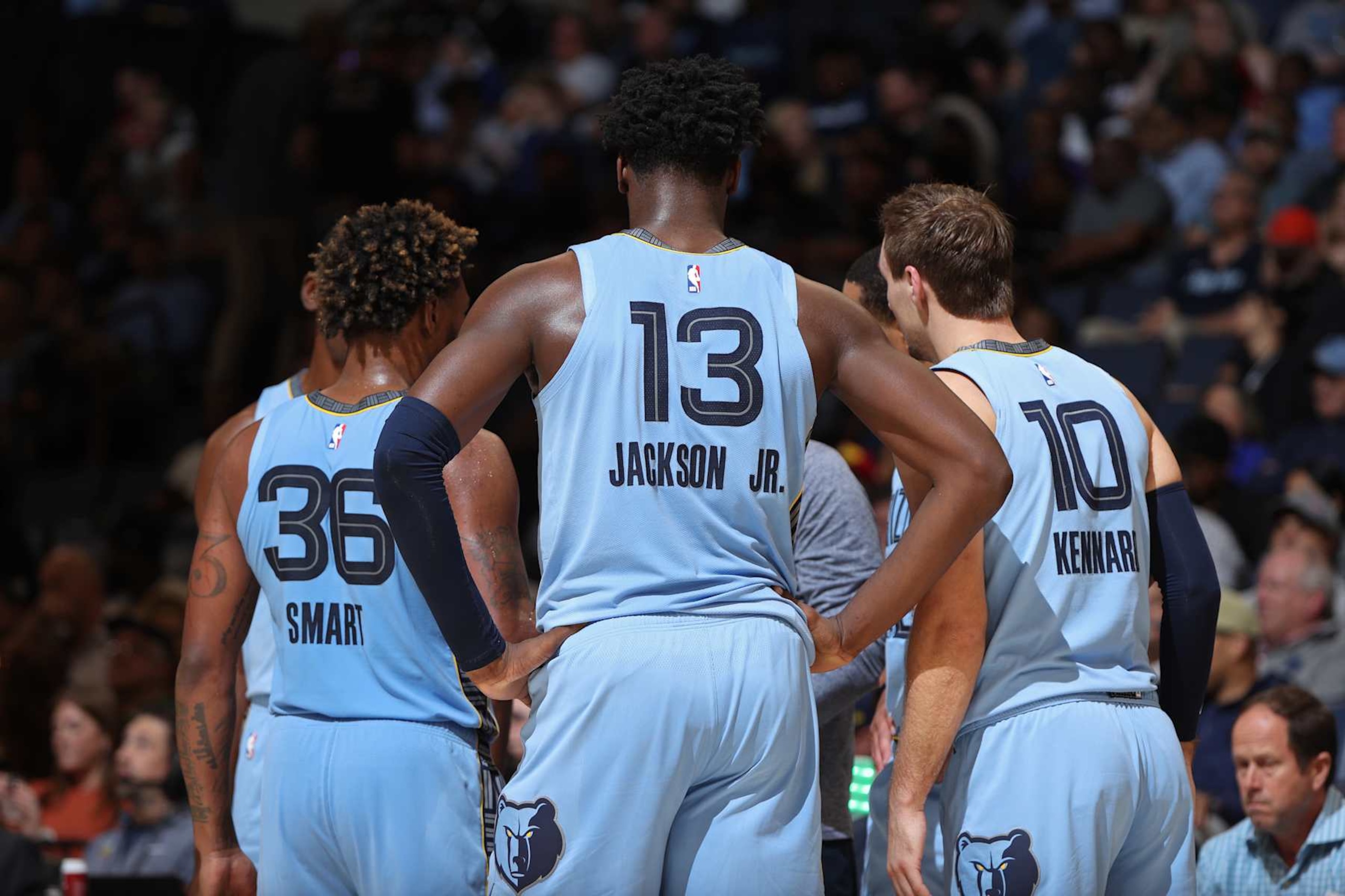 MEMPHIS, TN - NOVEMBER 8: The Memphis Grizzlies huddle during the game against the Miami Heat on November 8, 2023 at FedExForum in Memphis, Tennessee. NOTE TO USER: User expressly acknowledges and agrees that, by downloading and or using this photograph, User is consenting to the terms and conditions of the Getty Images License Agreement. Mandatory Copyright Notice: Copyright 2023 NBAE (Photo by Joe Murphy/NBAE via Getty Images) MEMPHIS, TN - NOVEMBER 8: The Memphis Grizzlies huddle during the game against the Miami Heat on November 8, 2023 at FedExForum in Memphis, Tennessee. NOTE TO USER: User expressly acknowledges and agrees that, by downloading and or using this photograph, User is consenting to the terms and conditions of the Getty Images License Agreement. Mandatory Copyright Notice: Copyright 2023 NBAE (Photo by Joe Murphy/NBAE via Getty Images)