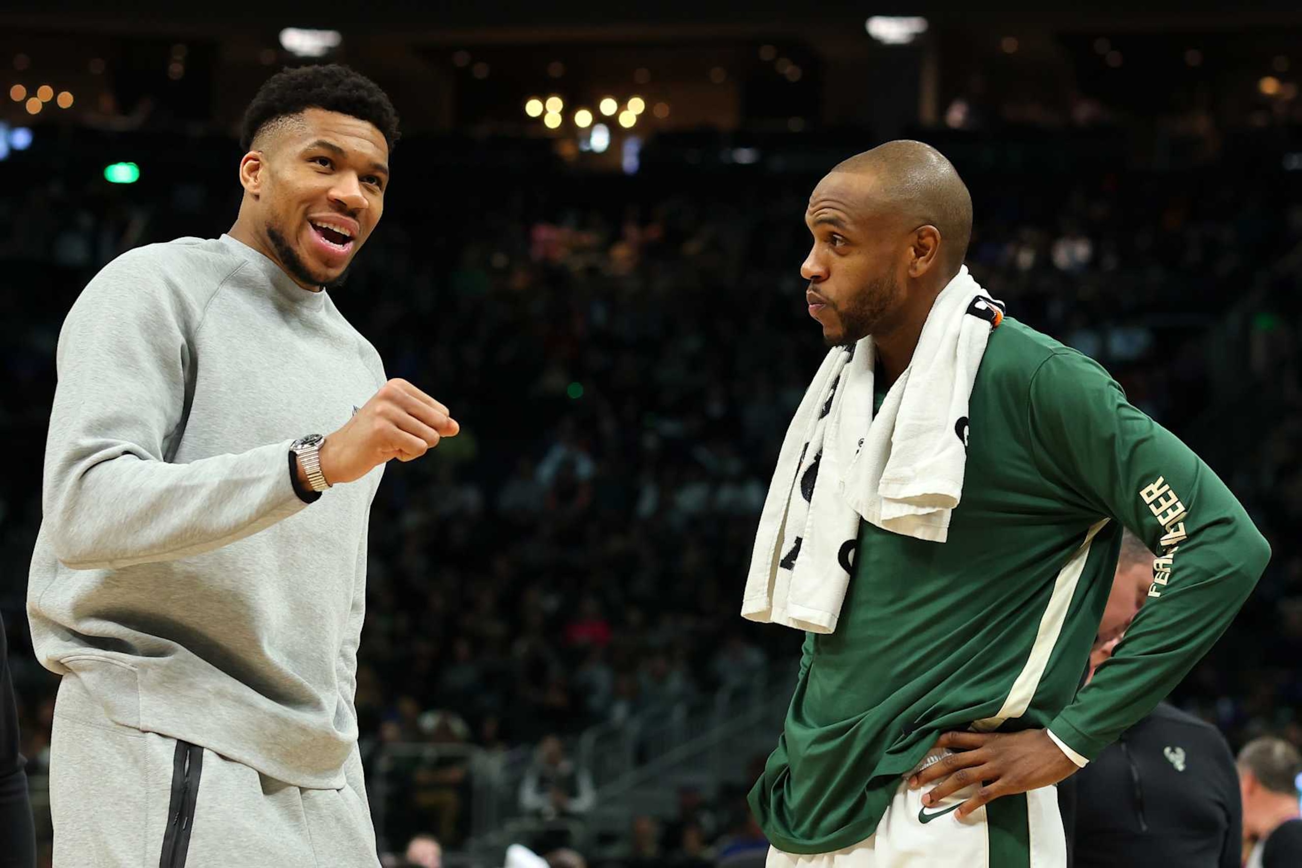 MILWAUKEE, WISCONSIN - APRIL 05: Giannis Antetokounmpo #34 speaks with Khris Middleton #22 of the Milwaukee Bucks during the first half of a game against the Toronto Raptors at Fiserv Forum on April 05, 2024 in Milwaukee, Wisconsin. NOTE TO USER: User expressly acknowledges and agrees that, by downloading and or using this photograph, User is consenting to the terms and conditions of the Getty Images License Agreement. (Photo by Stacy Revere/Getty Images) MILWAUKEE, WISCONSIN - APRIL 05: Giannis Antetokounmpo #34 speaks with Khris Middleton #22 of the Milwaukee Bucks during the first half of a game against the Toronto Raptors at Fiserv Forum on April 05, 2024 in Milwaukee, Wisconsin. NOTE TO USER: User expressly acknowledges and agrees that, by downloading and or using this photograph, User is consenting to the terms and conditions of the Getty Images License Agreement. (Photo by Stacy Revere/Getty Images)