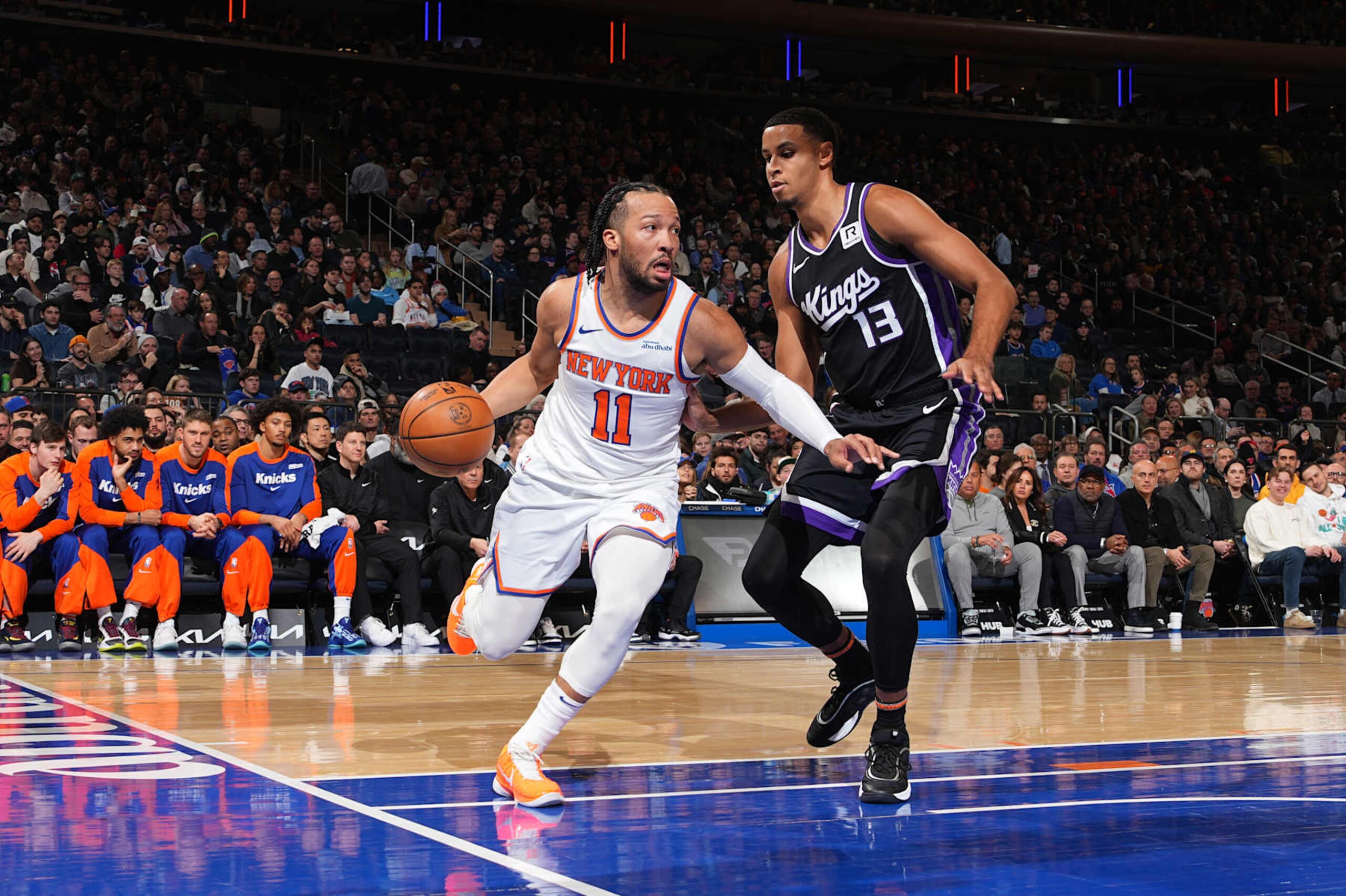 NEW YORK, NY - JANUARY 25: Jalen Brunson #11 of the New York Knicks drives to the basket during the game against the Sacramento Kings on January 25, 2025 at Madison Square Garden in New York City, New York. NOTE TO USER: User expressly acknowledges and agrees that, by downloading and or using this photograph, User is consenting to the terms and conditions of the Getty Images License Agreement. Mandatory Copyright Notice: Copyright 2025 NBAE (Photo by Jesse D. Garrabrant/NBAE via Getty Images) NEW YORK, NY - JANUARY 25: Jalen Brunson #11 of the New York Knicks drives to the basket during the game against the Sacramento Kings on January 25, 2025 at Madison Square Garden in New York City, New York. NOTE TO USER: User expressly acknowledges and agrees that, by downloading and or using this photograph, User is consenting to the terms and conditions of the Getty Images License Agreement. Mandatory Copyright Notice: Copyright 2025 NBAE (Photo by Jesse D. Garrabrant/NBAE via Getty Images)