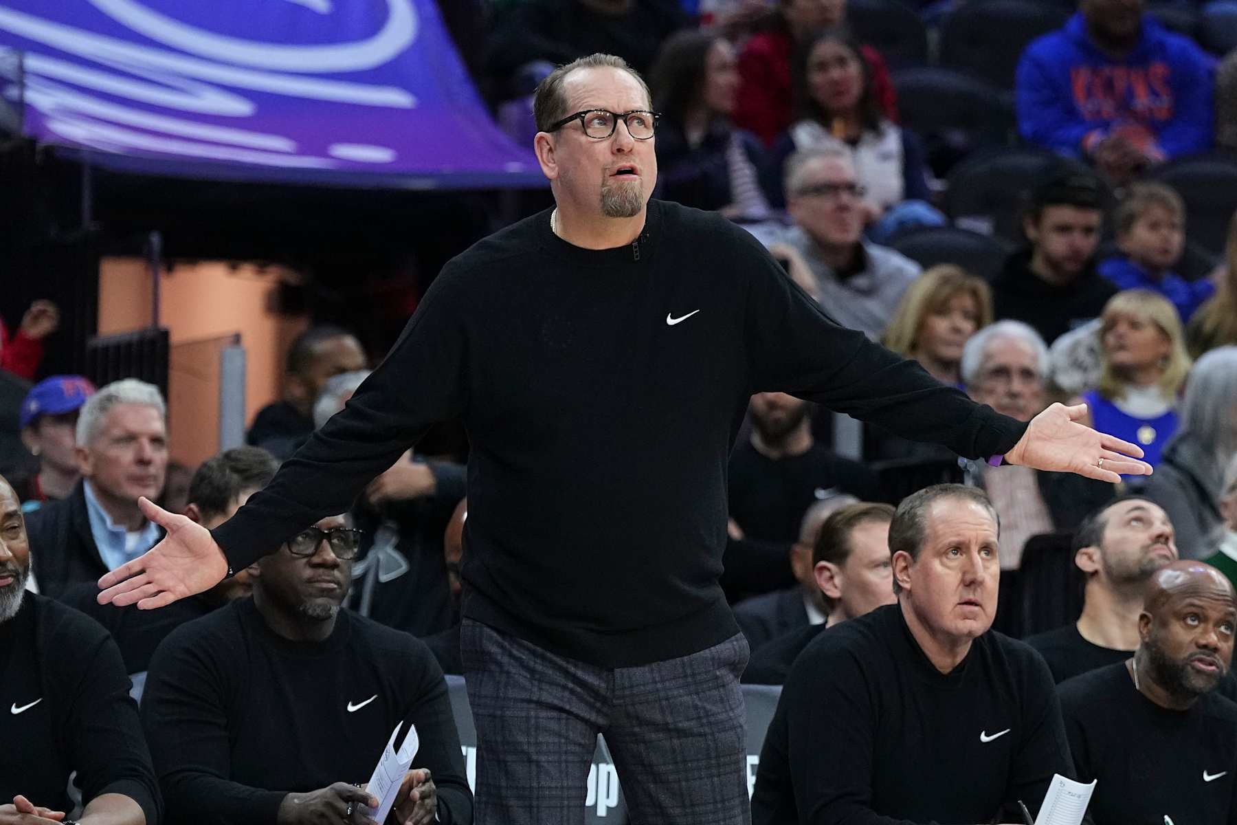 PHILADELPHIA, PENNSYLVANIA - JANUARY 15: Head coach Nick Nurse of the Philadelphia 76ers reacts against the New York Knicks in the first half at the Wells Fargo Center on January 15, 2025 in Philadelphia, Pennsylvania. NOTE TO USER: User expressly acknowledges and agrees that, by downloading and/or using this photograph, user is consenting to the terms and conditions of the Getty Images License Agreement. (Photo by Mitchell Leff/Getty Images)
