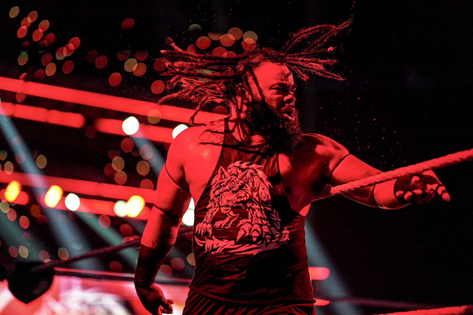 SALT LAKE CITY, UTAH - NOVEMBER 29: Jacob Fatu enters the ring during SmackDown at Delta Center on November 29, 2024 in Salt Lake City, Utah.  (Photo by WWE/Getty Images)