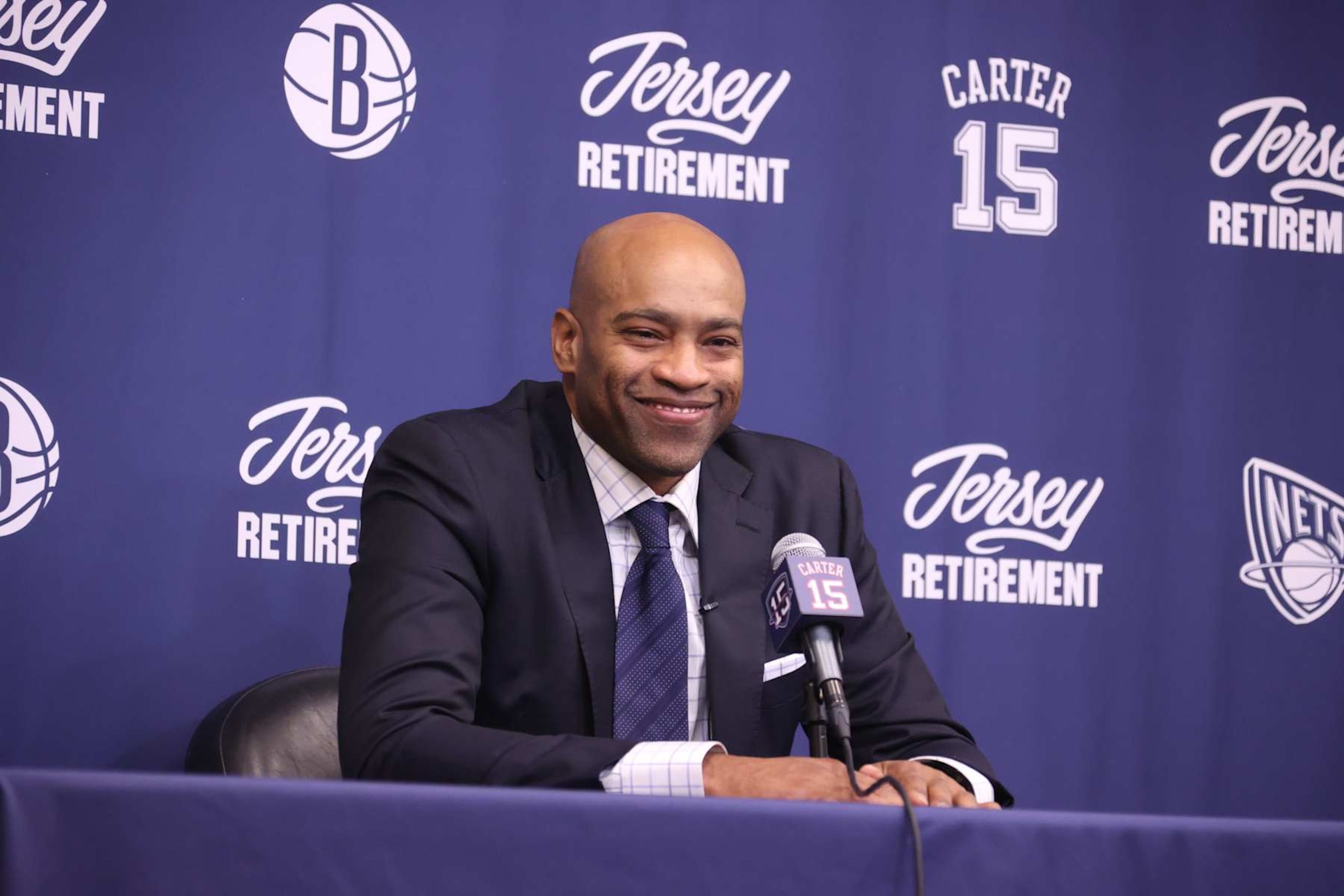 BROOKLYN, NY - JANUARY 25: Vince Carter speaks at a press conference before the game between the Miami Heat and the Brooklyn Nets on January 25, 2025 at Barclays Center in Brooklyn, New York. NOTE TO USER: User expressly acknowledges and agrees that, by downloading and or using this Photograph, user is consenting to the terms and conditions of the Getty Images License Agreement. Mandatory Copyright Notice: Copyright 2025 NBAE (Photo by Nathaniel S. Butler/NBAE via Getty Images) BROOKLYN, NY - JANUARY 25: Vince Carter speaks at a press conference before the game between the Miami Heat and the Brooklyn Nets on January 25, 2025 at Barclays Center in Brooklyn, New York. NOTE TO USER: User expressly acknowledges and agrees that, by downloading and or using this Photograph, user is consenting to the terms and conditions of the Getty Images License Agreement. Mandatory Copyright Notice: Copyright 2025 NBAE (Photo by Nathaniel S. Butler/NBAE via Getty Images)