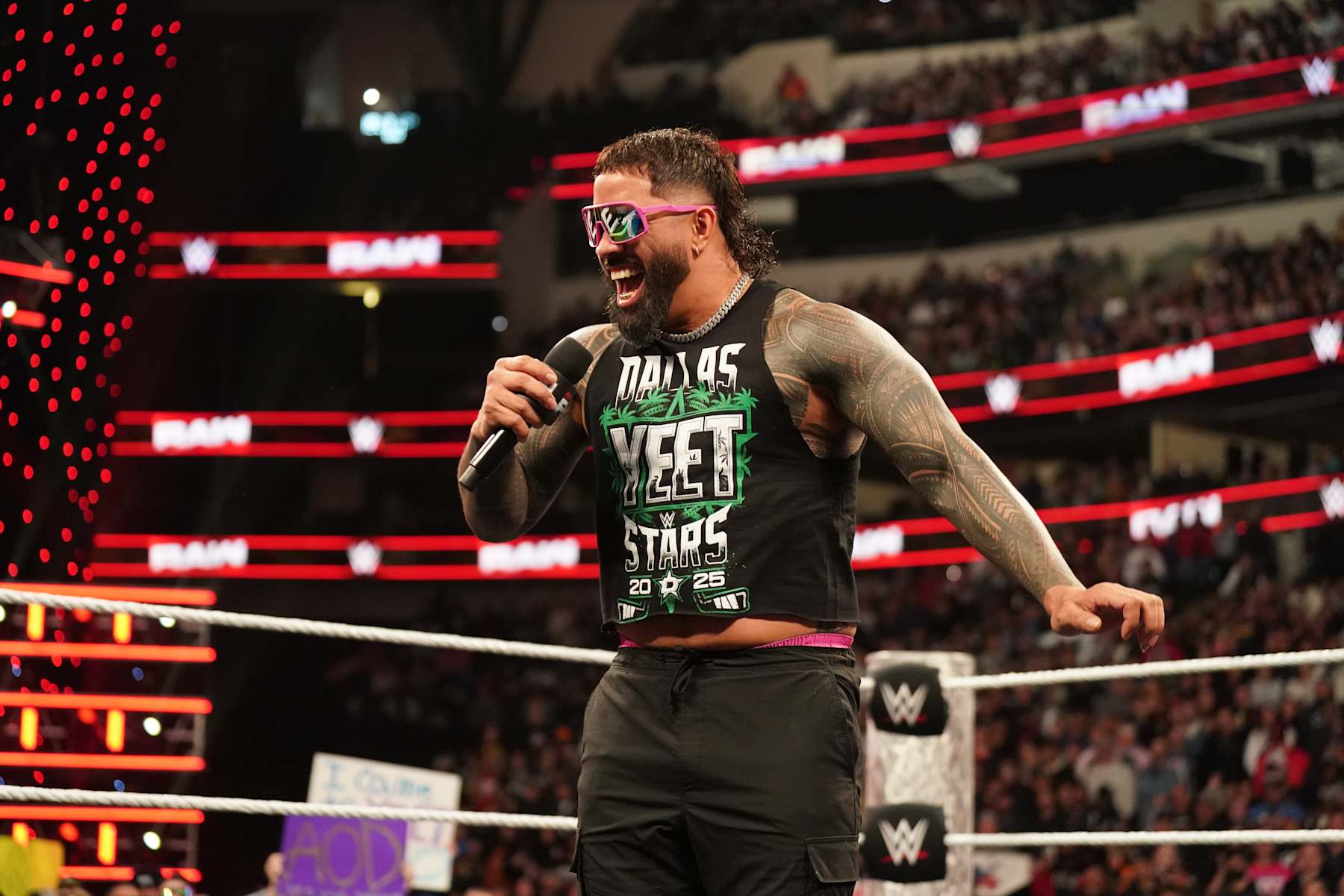 DALLAS, TEXAS - JANUARY 20: Jey Uso on the mirosphone during WWE RAW at American Airlines Center on January 20, 2025 in Dallas, Texas.  (Photo by WWE/Getty Images)