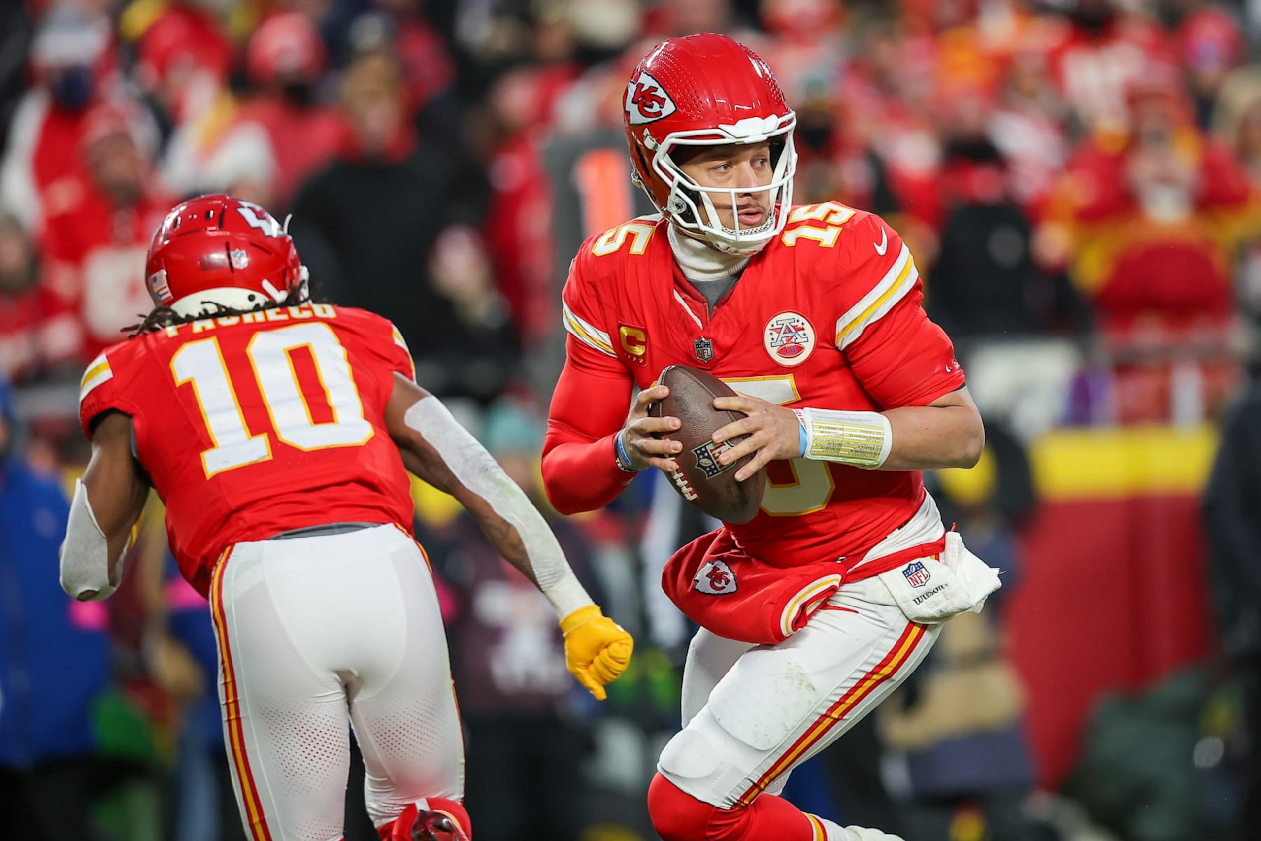 KANSAS CITY, MISSOURI - JANUARY 18: Patrick Mahomes #15 of the Kansas City Chiefs looks for an open receiver during the third quarter against the Houston Texans in the Divisional Round playoff at GEHA Field at Arrowhead Stadium on January 18, 2025 in Kansas City, Missouri. (Photo by David Eulitt/Getty Images)