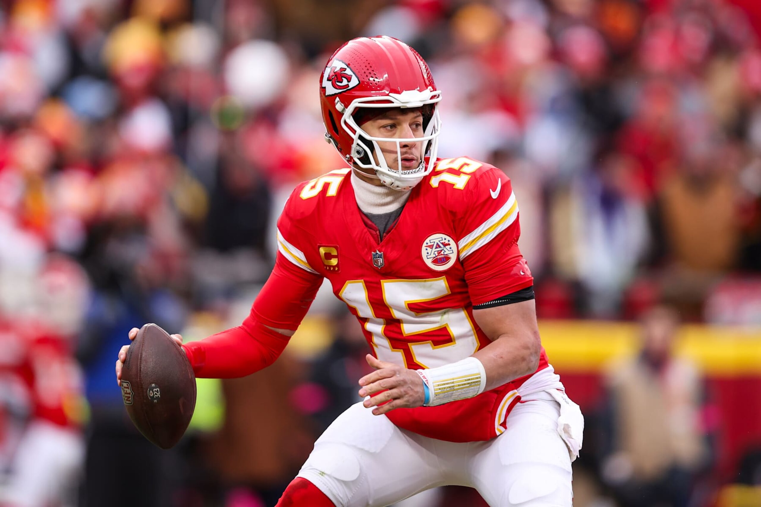 KANSAS CITY, MISSOURI - JANUARY 18: Patrick Mahomes #15 of the Kansas City Chiefs drops back to pass during an NFL football AFC divisional playoff game against the Houston Texans at GEHA Field at Arrowhead Stadium on January 18, 2025 in Kansas City, Missouri.  (Photo by Perry Knotts/Getty Images)