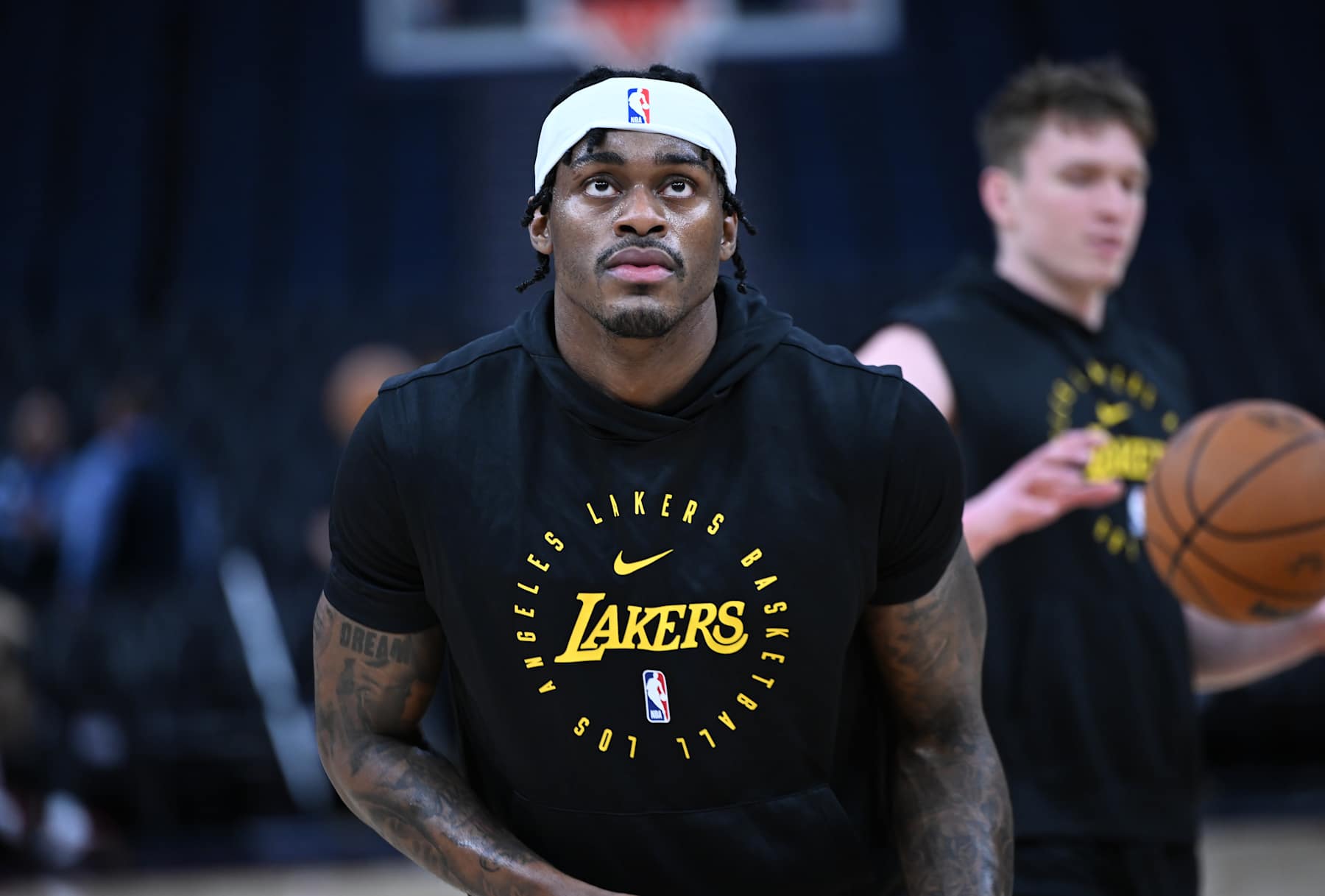SAN FRANCISCO, CA - JANUARY 25: Jarred Vanderbilt of Golden State Warriors warms up before the NBA game between Los Angeles Lakers and Golden State Warriors at Chase Center on January 25, 2025 in San Francisco, California, United States. (Photo by Tayfun Coskun/Anadolu via Getty Images)