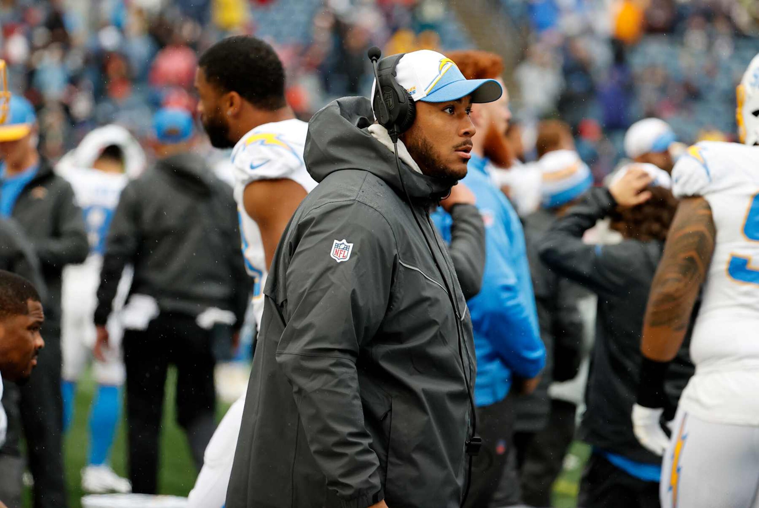 FOXBOROUGH, MA - DECEMBER 03: Los Angeles Chargers tight ends coach Kevin Koger before a game between the New England Patriots and the Los Angeles Chargers on December 3, 2023, at Gillette Stadium in Foxborough, Massachusetts. (Photo by Fred Kfoury III/Icon Sportswire via Getty Images) FOXBOROUGH, MA - DECEMBER 03: Los Angeles Chargers tight ends coach Kevin Koger before a game between the New England Patriots and the Los Angeles Chargers on December 3, 2023, at Gillette Stadium in Foxborough, Massachusetts. (Photo by Fred Kfoury III/Icon Sportswire via Getty Images)