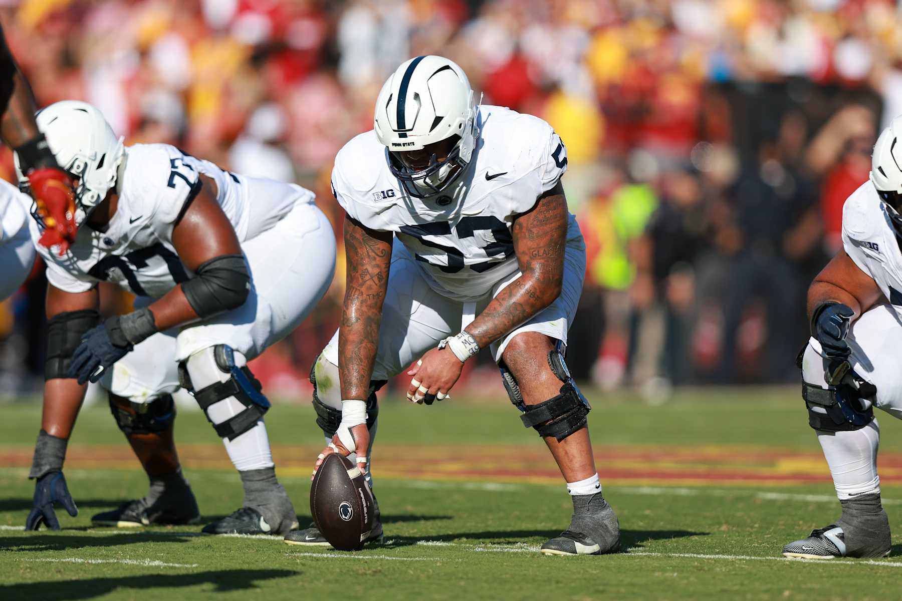 LOS ANGELES, CA - OCTOBER 12: Penn State Nittany Lions offensive lineman Nick Dawkins (53) lines up during a college football game between the Penn State Nitty Lions against the USC Trojans on October 12, 2024, at United Airlines Field at The Los Angeles Memorial Coliseum in Los Angeles, CA. (Photo by Jordon Kelly/Icon Sportswire via Getty Images)