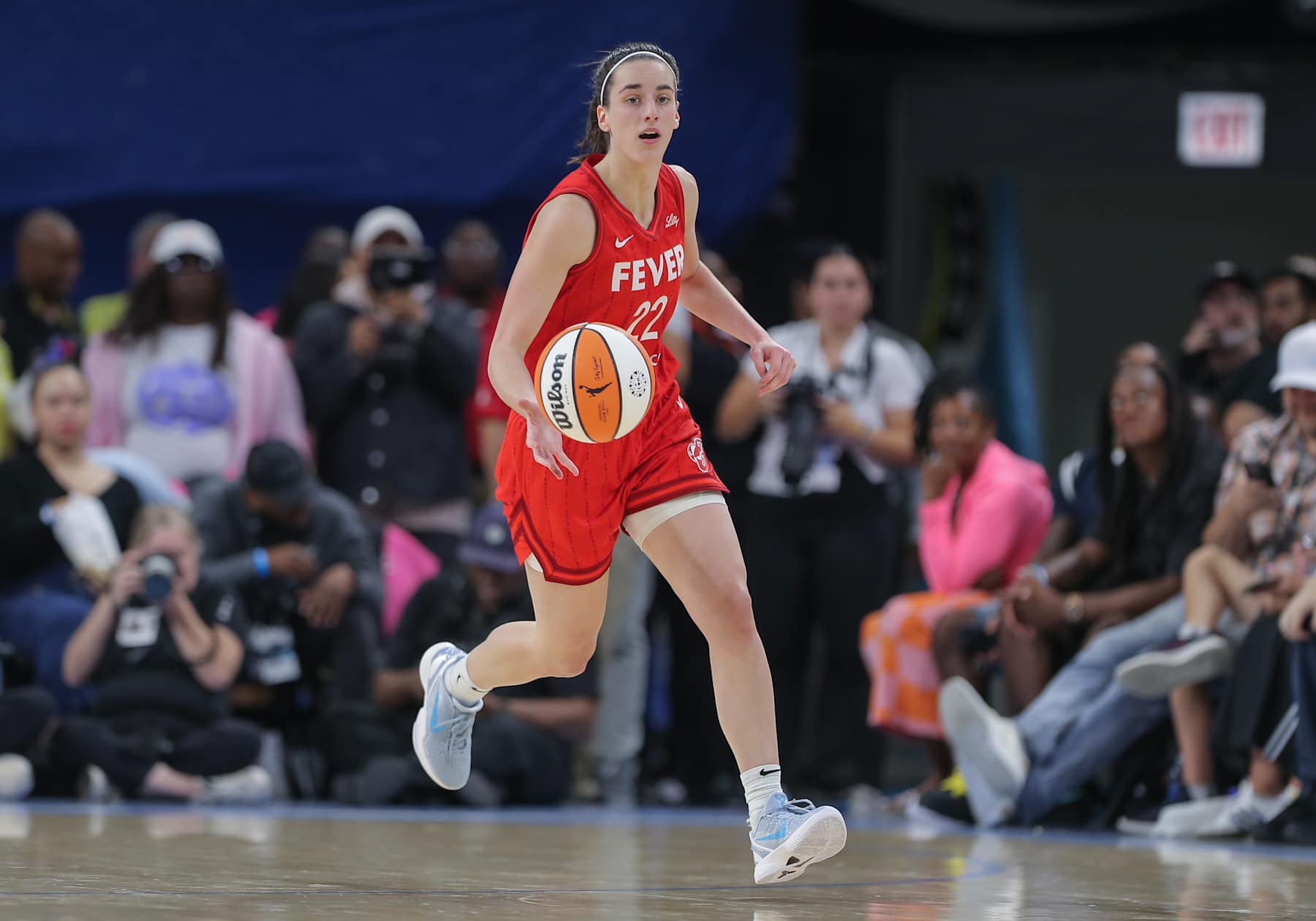 CHICAGO, IL - AUGUST 30: Caitlin Clark #22 of the Indiana Fever brings the ball up court during the first half of a WNBA game against the Chicago Sky on August 30, 2024 at Wintrust Arena in Chicago, Illinois. (Photo by Melissa Tamez/Icon Sportswire via Getty Images)