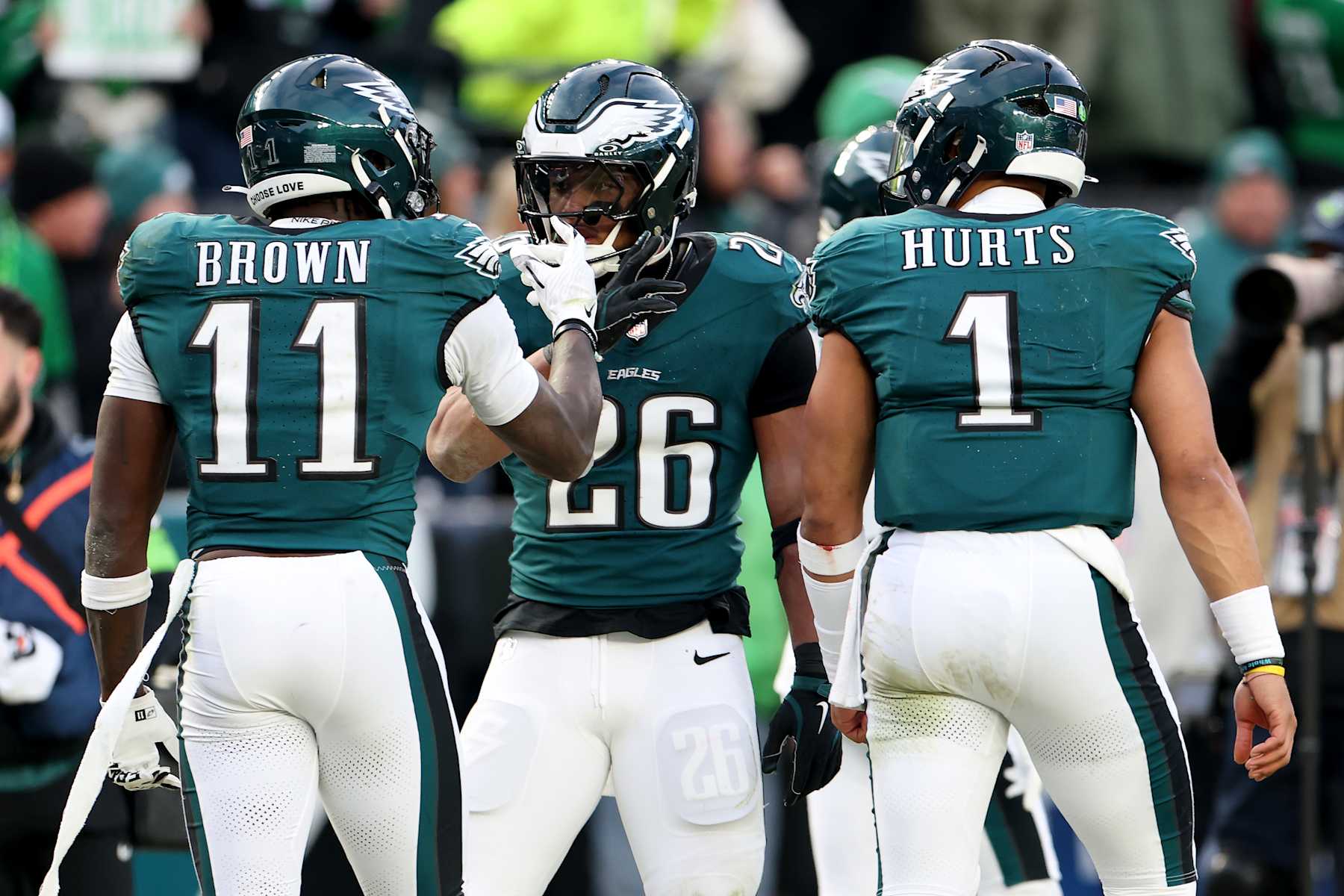 Eagles WR A.J. Brown (left), RB Saquon Barkley (middle) and QB Jalen Hurts (right) 