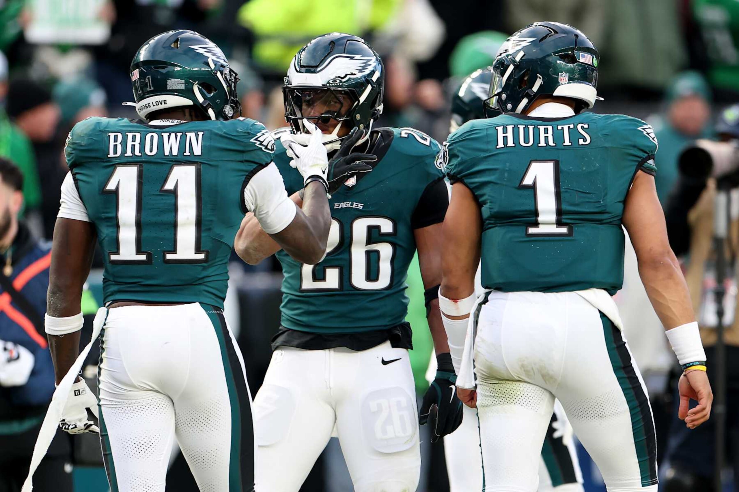 Eagles WR A.J. Brown (left), RB Saquon Barkley (middle) and QB Jalen Hurts (right) 