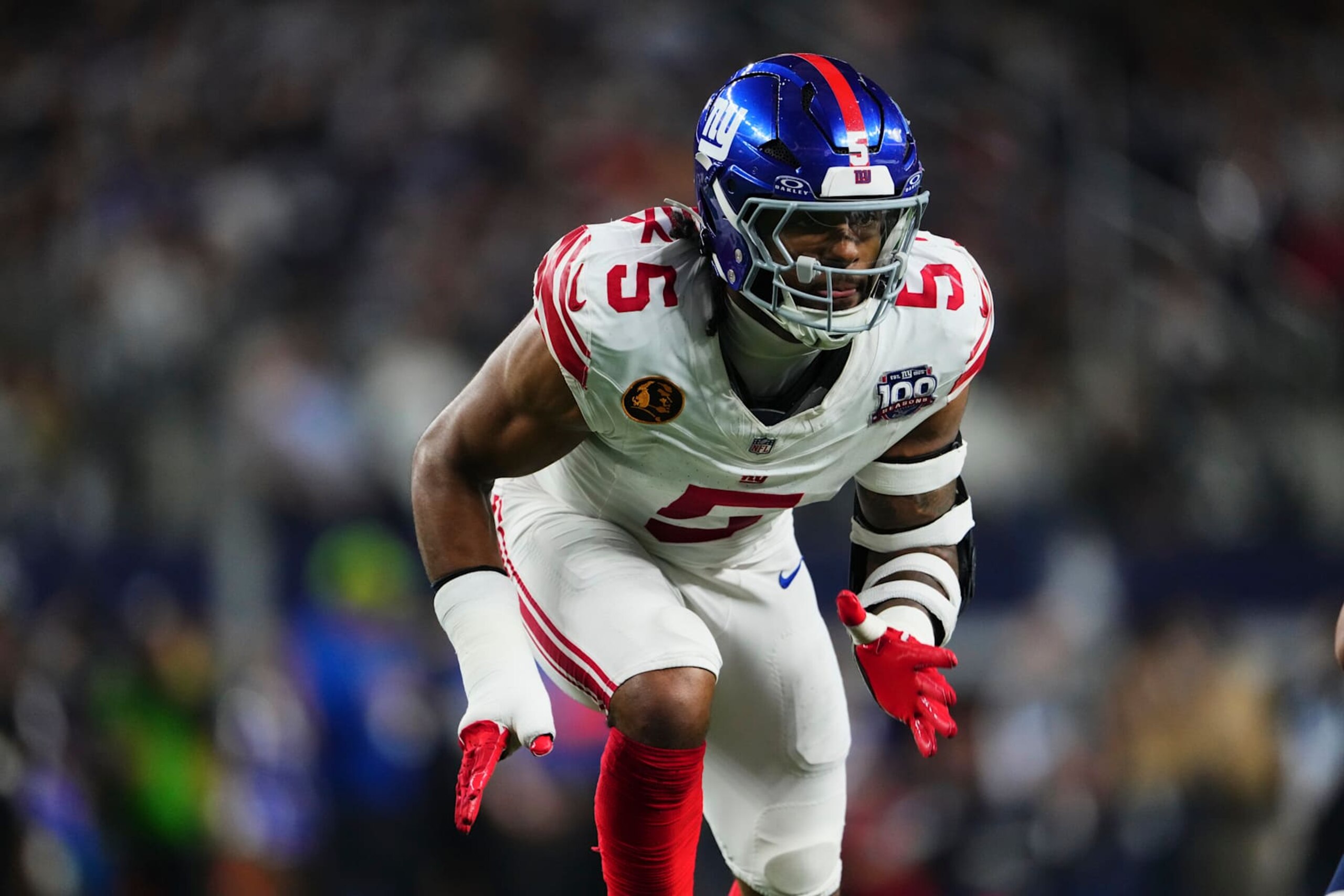 ARLINGTON, TX - NOVEMBER 28: Kayvon Thibodeaux #5 of the New York Giants defends against the Dallas Cowboys during an NFL football game at AT&T Stadium on November 28, 2024 in Arlington, Texas. (Photo by Cooper Neill/Getty Images) ARLINGTON, TX - NOVEMBER 28: Kayvon Thibodeaux #5 of the New York Giants defends against the Dallas Cowboys during an NFL football game at AT&T Stadium on November 28, 2024 in Arlington, Texas. (Photo by Cooper Neill/Getty Images)