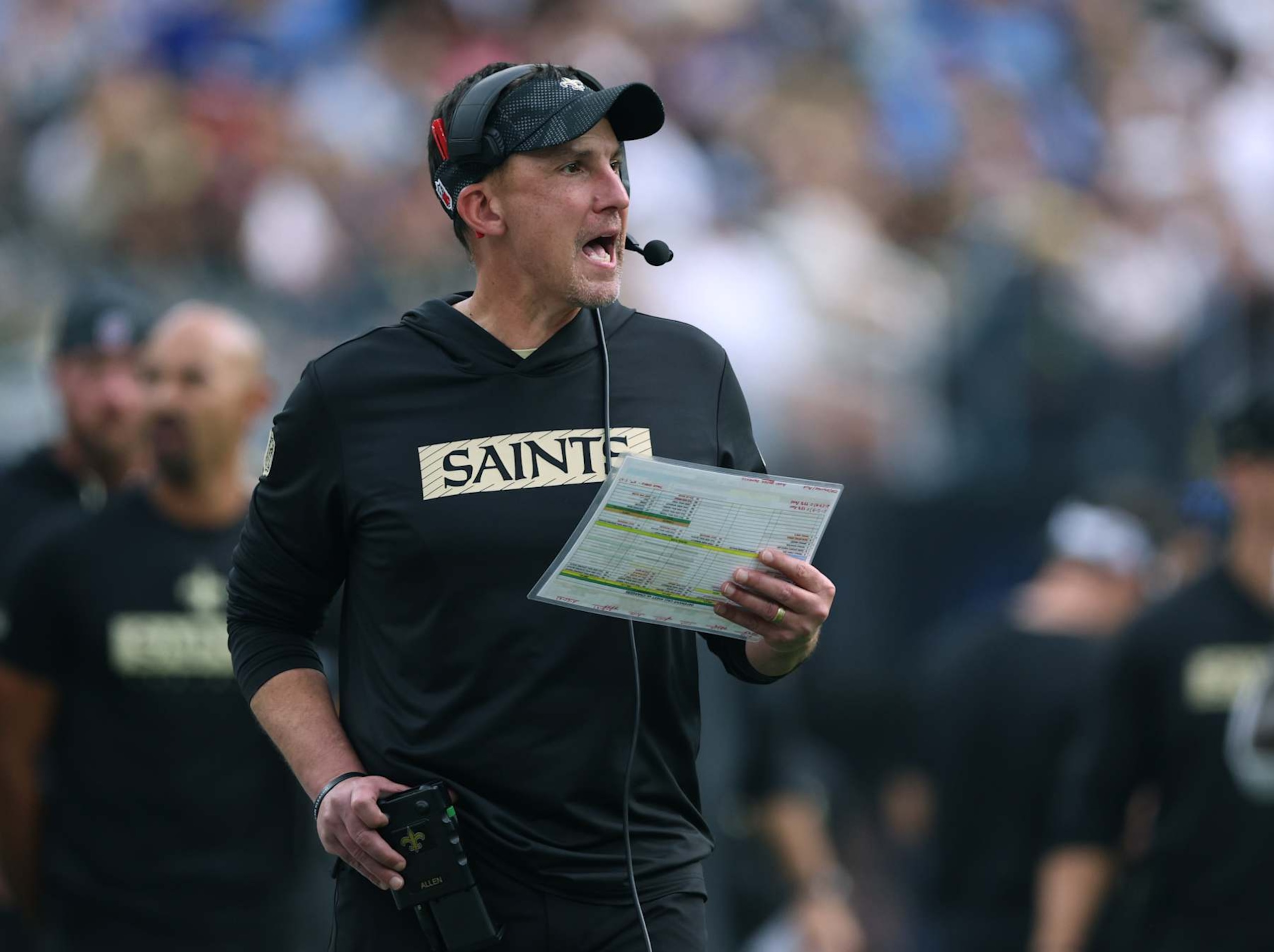 INGLEWOOD, CALIFORNIA - OCTOBER 27: Head coach Dennis Allen of the New Orleans Saints during a 26-8 loss to the Los Angeles Chargers at SoFi Stadium on October 27, 2024 in Inglewood, California. (Photo by Harry How/Getty Images) INGLEWOOD, CALIFORNIA - OCTOBER 27: Head coach Dennis Allen of the New Orleans Saints during a 26-8 loss to the Los Angeles Chargers at SoFi Stadium on October 27, 2024 in Inglewood, California. (Photo by Harry How/Getty Images)
