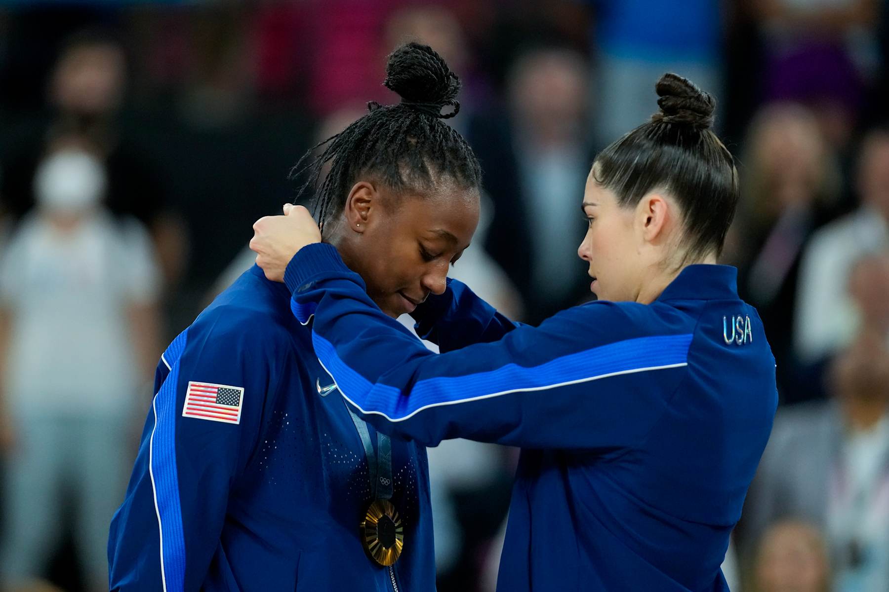 PARIS, FRANCE - AUGUST 11: Kelsey Plum (R) and Jewell Loyd of United States with their gold medal after winning the Women's Gold Medal Game, Game 52, France vs United States of America on day sixteen of the Olympic Games Paris 2024 at Arena Bercy on August 11, 2024 in Paris, France. (Photo by Daniela Porcelli/Eurasia Sport Images/Getty Images)