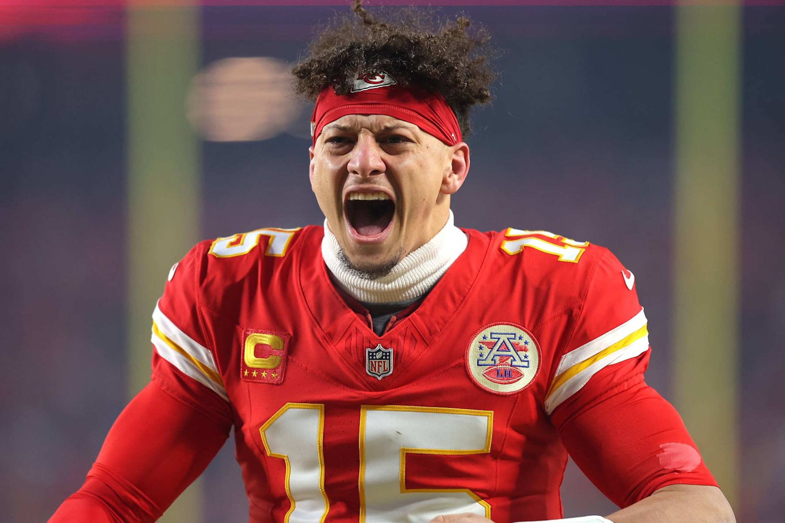 KANSAS CITY, MISSOURI - JANUARY 26: Patrick Mahomes #15 of the Kansas City Chiefs reacts as he runs onto the field prior to the AFC Championship Game against the Buffalo Bills at GEHA Field at Arrowhead Stadium on January 26, 2025 in Kansas City, Missouri. (Photo by David Eulitt/Getty Images) KANSAS CITY, MISSOURI - JANUARY 26: Patrick Mahomes #15 of the Kansas City Chiefs reacts as he runs onto the field prior to the AFC Championship Game against the Buffalo Bills at GEHA Field at Arrowhead Stadium on January 26, 2025 in Kansas City, Missouri. (Photo by David Eulitt/Getty Images)