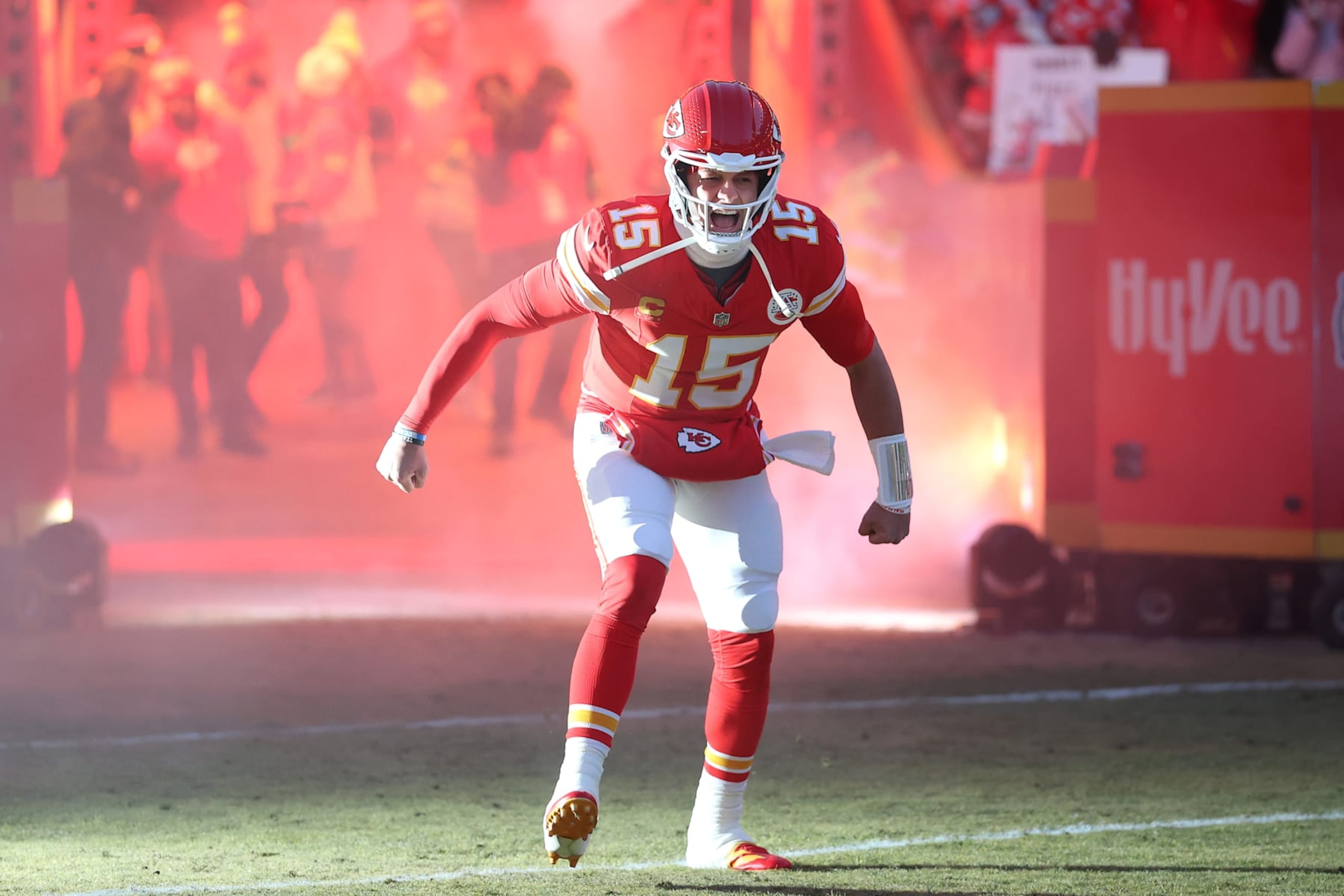 KANSAS CITY, MISSOURI - JANUARY 26: Patrick Mahomes #15 of the Kansas City Chiefs reacts as he runs onto the field prior to the AFC Championship Game against the Buffalo Bills at GEHA Field at Arrowhead Stadium on January 26, 2025 in Kansas City, Missouri.  (Photo by Jamie Squire/Getty Images)