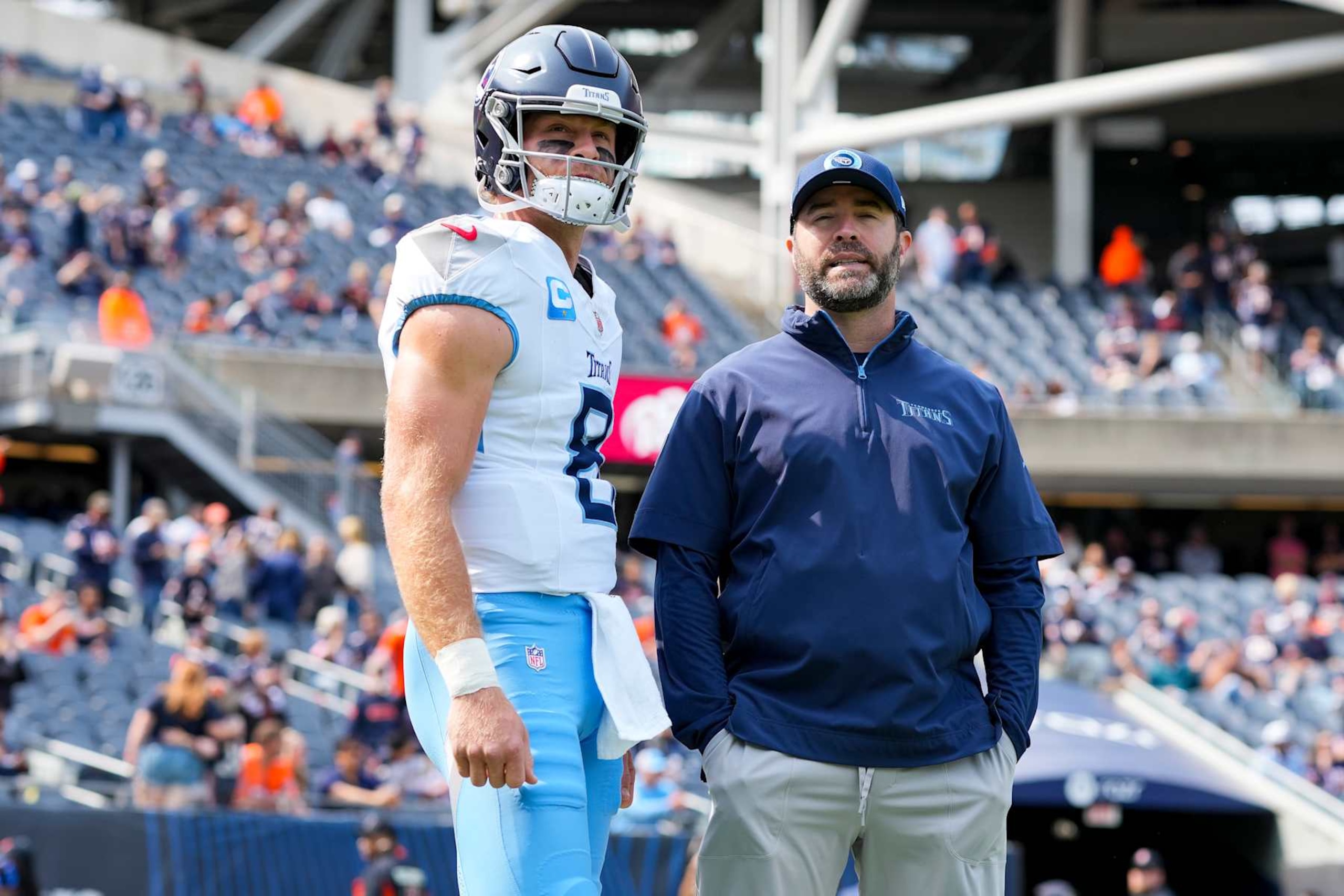 Titans QB Will Levis (left) and head coach Brian Callahan (right)