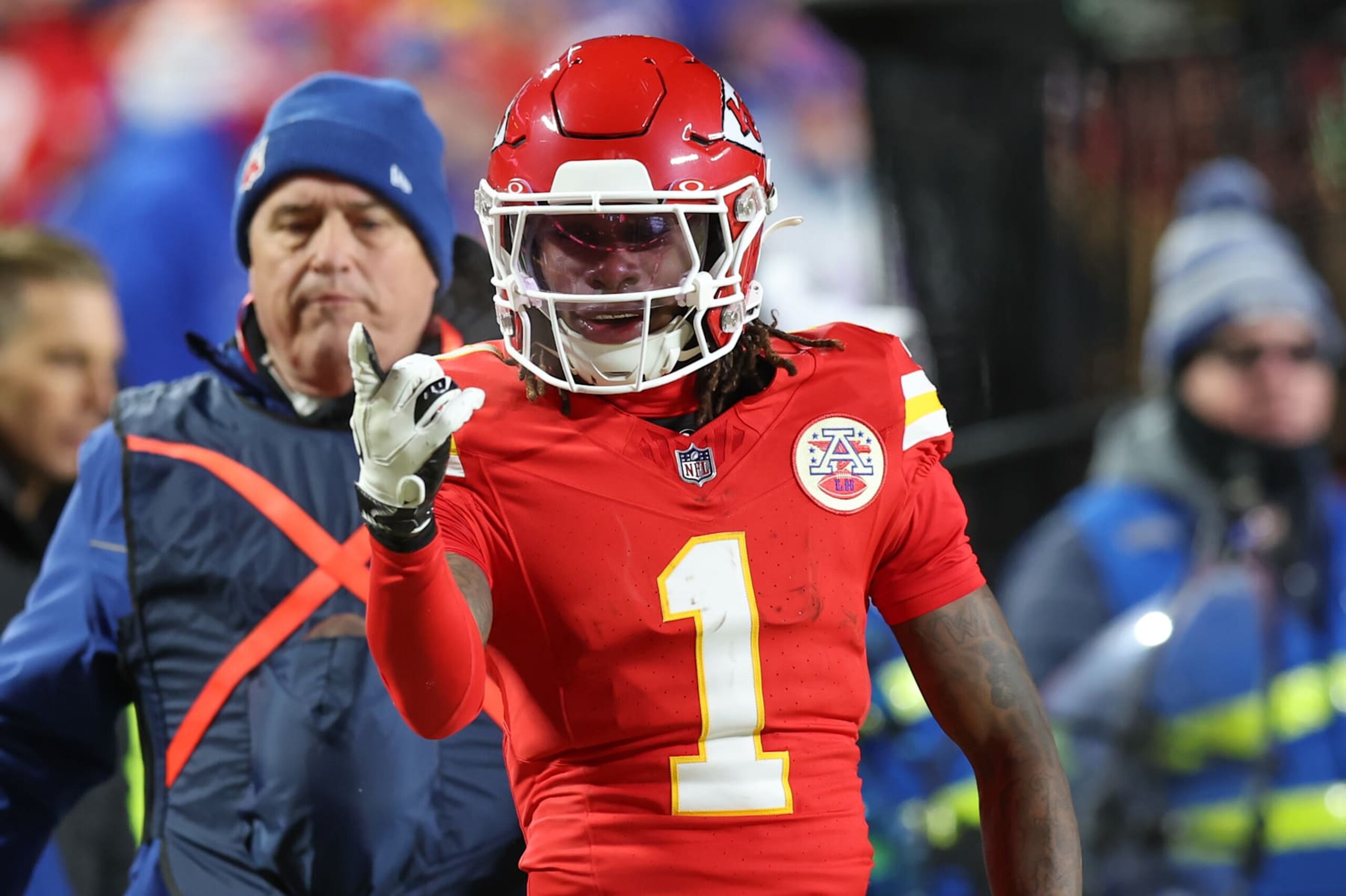 KANSAS CITY, MO - JANUARY 26: Kansas City Chiefs wide receiver Xavier Worthy (1) celebrates a first down catch in the second quarter of the AFC Championship game between the Buffalo Bills and Kansas City Chiefs on January 26, 2025 at GEHA Field at Arrowhead Stadium in Kansas City, MO. (Photo by Scott Winters/Icon Sportswire via Getty Images) KANSAS CITY, MO - JANUARY 26: Kansas City Chiefs wide receiver Xavier Worthy (1) celebrates a first down catch in the second quarter of the AFC Championship game between the Buffalo Bills and Kansas City Chiefs on January 26, 2025 at GEHA Field at Arrowhead Stadium in Kansas City, MO. (Photo by Scott Winters/Icon Sportswire via Getty Images)