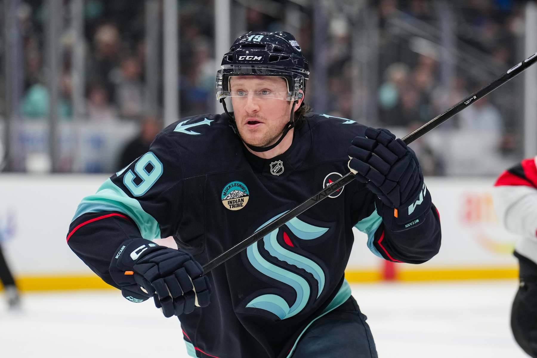 SEATTLE, WASHINGTON - JANUARY 06: Jared McCann #19 of the Seattle Kraken skates during the first period of a game against the New Jersey Devils at Climate Pledge Arena on January 06, 2025 in Seattle, Washington. (Photo by Christopher Mast/NHLI via Getty Images) SEATTLE, WASHINGTON - JANUARY 06: Jared McCann #19 of the Seattle Kraken skates during the first period of a game against the New Jersey Devils at Climate Pledge Arena on January 06, 2025 in Seattle, Washington. (Photo by Christopher Mast/NHLI via Getty Images)