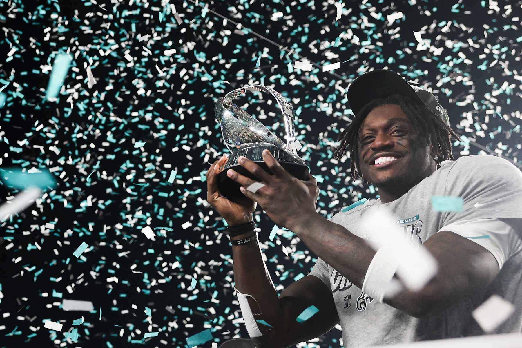 PHILADELPHIA, PENNSYLVANIA - JANUARY 26:  A.J. Brown #11 of the Philadelphia Eagles celebrates following the NFC Championship Game against the Washington Commanders at Lincoln Financial Field on January 26, 2025 in Philadelphia, Pennsylvania. (Photo by Kathryn Riley/Getty Images)