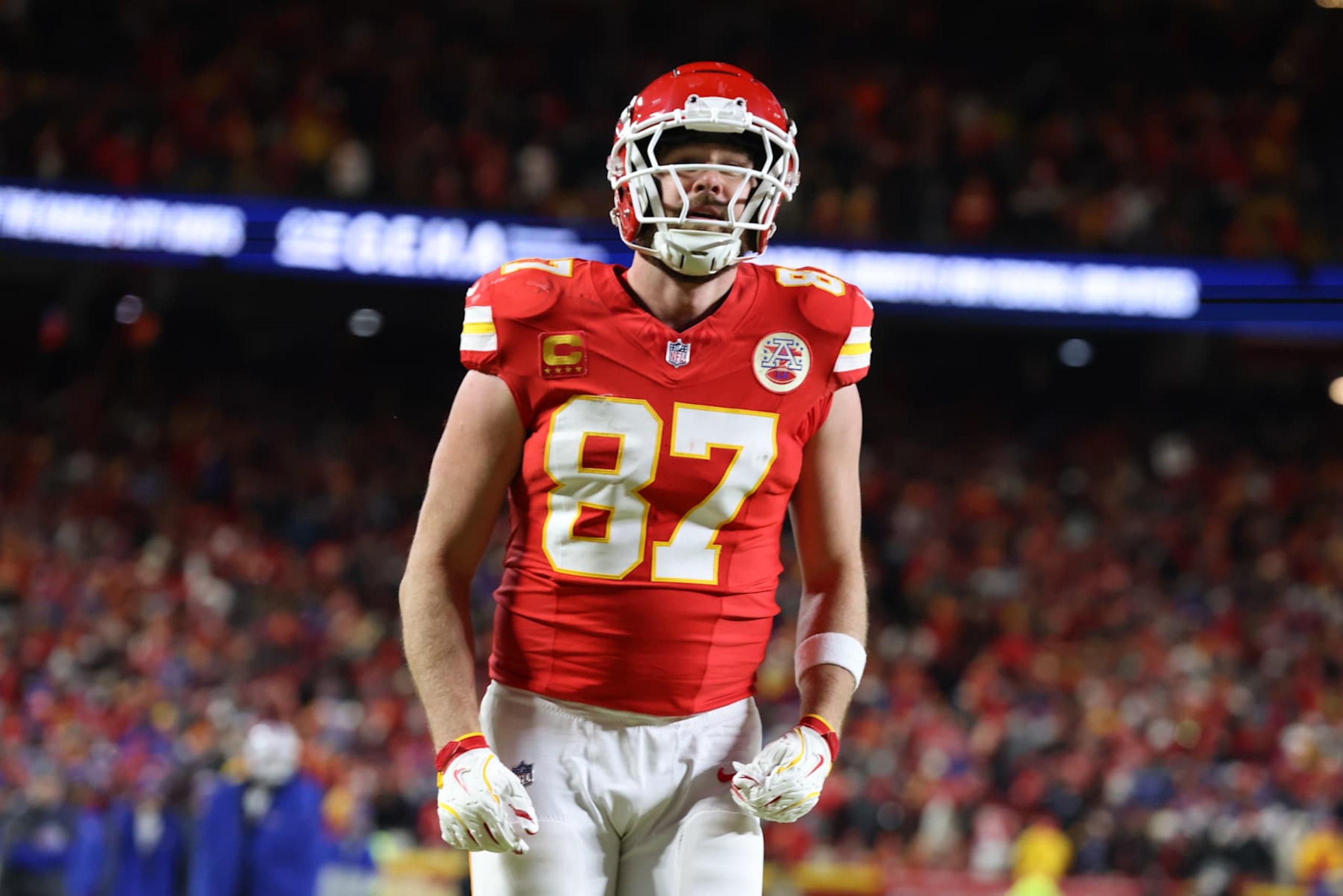 KANSAS CITY, MO - JANUARY 26: Kansas City Chiefs tight end Travis Kelce (87) celebrates after quarterback Patrick Mahomes (15) scored a touchdown in the second quarter of the AFC Championship game between the Buffalo Bills and Kansas City Chiefs on January 26, 2025 at GEHA Field at Arrowhead Stadium in Kansas City, MO. (Photo by Scott Winters/Icon Sportswire via Getty Images) KANSAS CITY, MO - JANUARY 26: Kansas City Chiefs tight end Travis Kelce (87) celebrates after quarterback Patrick Mahomes (15) scored a touchdown in the second quarter of the AFC Championship game between the Buffalo Bills and Kansas City Chiefs on January 26, 2025 at GEHA Field at Arrowhead Stadium in Kansas City, MO. (Photo by Scott Winters/Icon Sportswire via Getty Images)