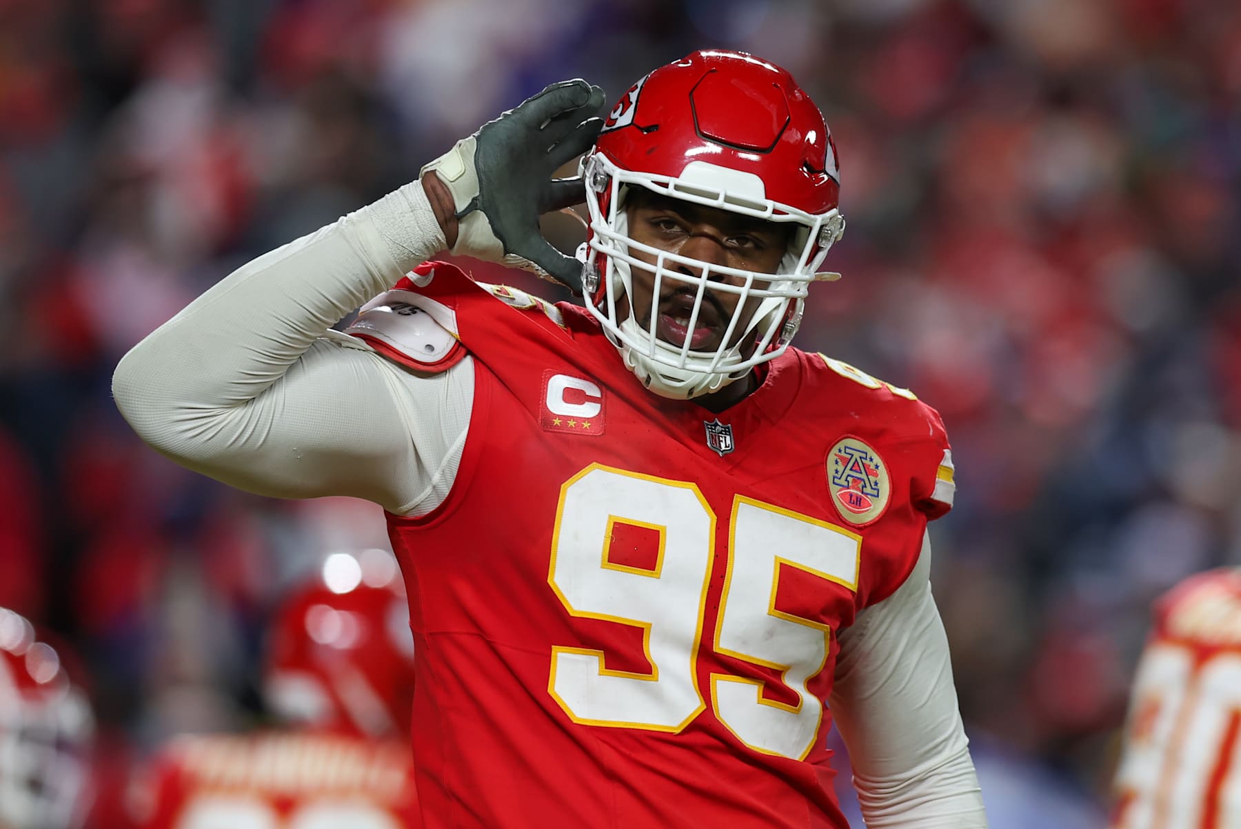 KANSAS CITY, MO - JANUARY 26: Kansas City Chiefs defensive tackle Chris Jones (95) implores the crowd to make noise before a fourth and goal in the fourth quarter of the AFC Championship game between the Buffalo Bills and Kansas City Chiefs on January 26, 2025 at GEHA Field at Arrowhead Stadium in Kansas City, MO. (Photo by Scott Winters/Icon Sportswire via Getty Images) KANSAS CITY, MO - JANUARY 26: Kansas City Chiefs defensive tackle Chris Jones (95) implores the crowd to make noise before a fourth and goal in the fourth quarter of the AFC Championship game between the Buffalo Bills and Kansas City Chiefs on January 26, 2025 at GEHA Field at Arrowhead Stadium in Kansas City, MO. (Photo by Scott Winters/Icon Sportswire via Getty Images)