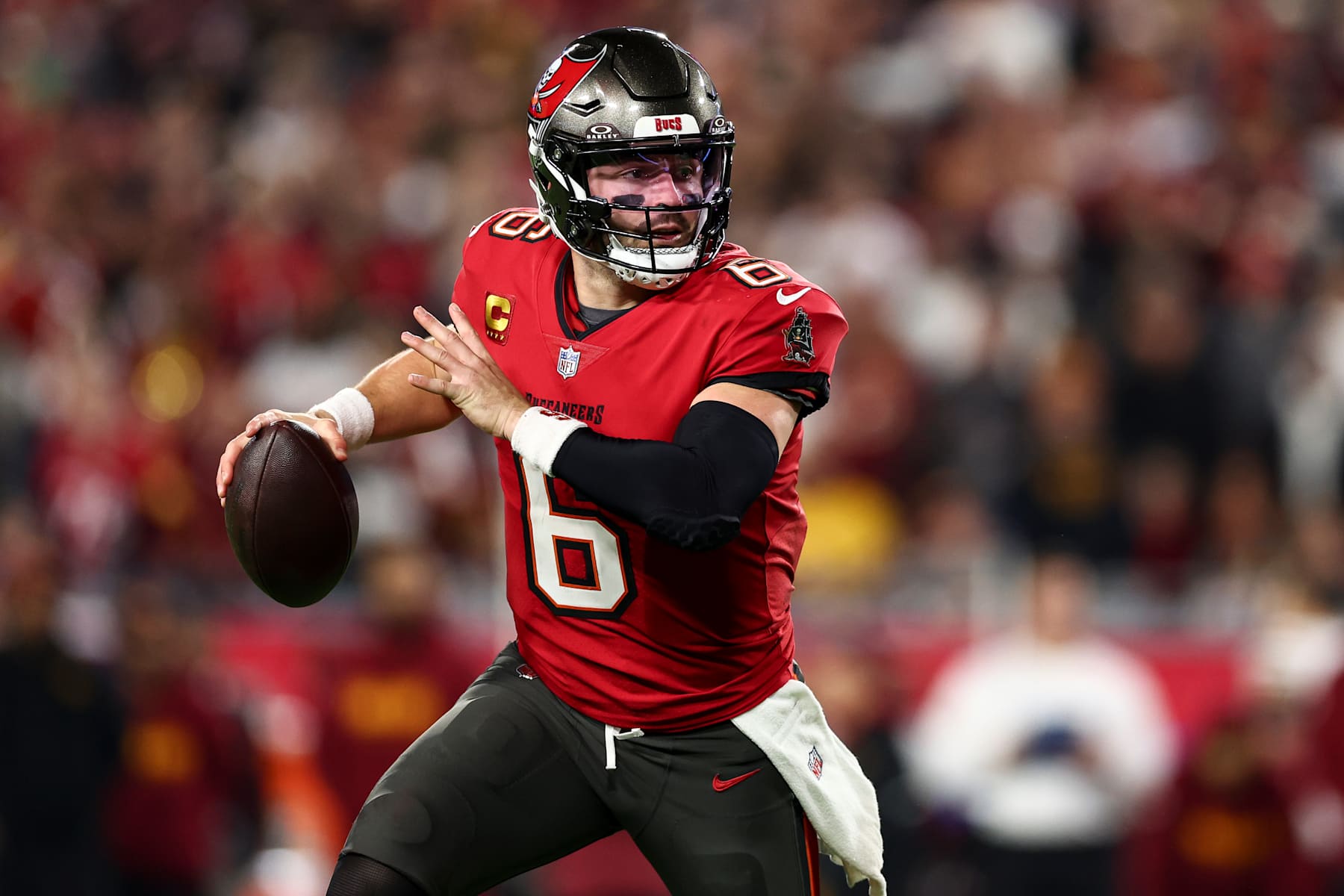 TAMPA, FLORIDA - JANUARY 12: Baker Mayfield #6 of the Tampa Bay Buccaneers prepares to throw during an NFL football wild card playoff game against the Washington Commanders at Raymond James Stadium on January 12, 2025 in Tampa, Florida. (Photo by Kevin Sabitus/Getty Images)