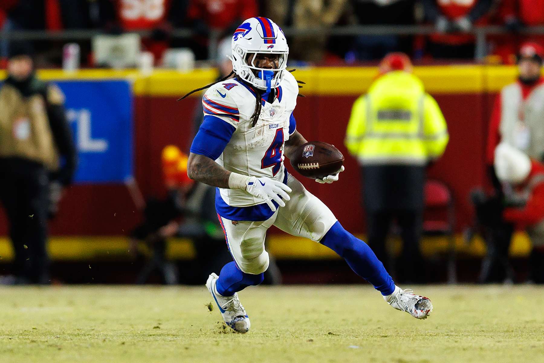 KANSAS CITY, MISSOURI - JANUARY 26: Running back James Cook #4 of the Buffalo Bills carries the ball during the second half of the AFC Championship football game against the Kansas City Chiefs, at GEHA Field at Arrowhead Stadium on January 26, 2025 in Kansas City, Missouri. (Photo by Brooke Sutton/Getty Images)