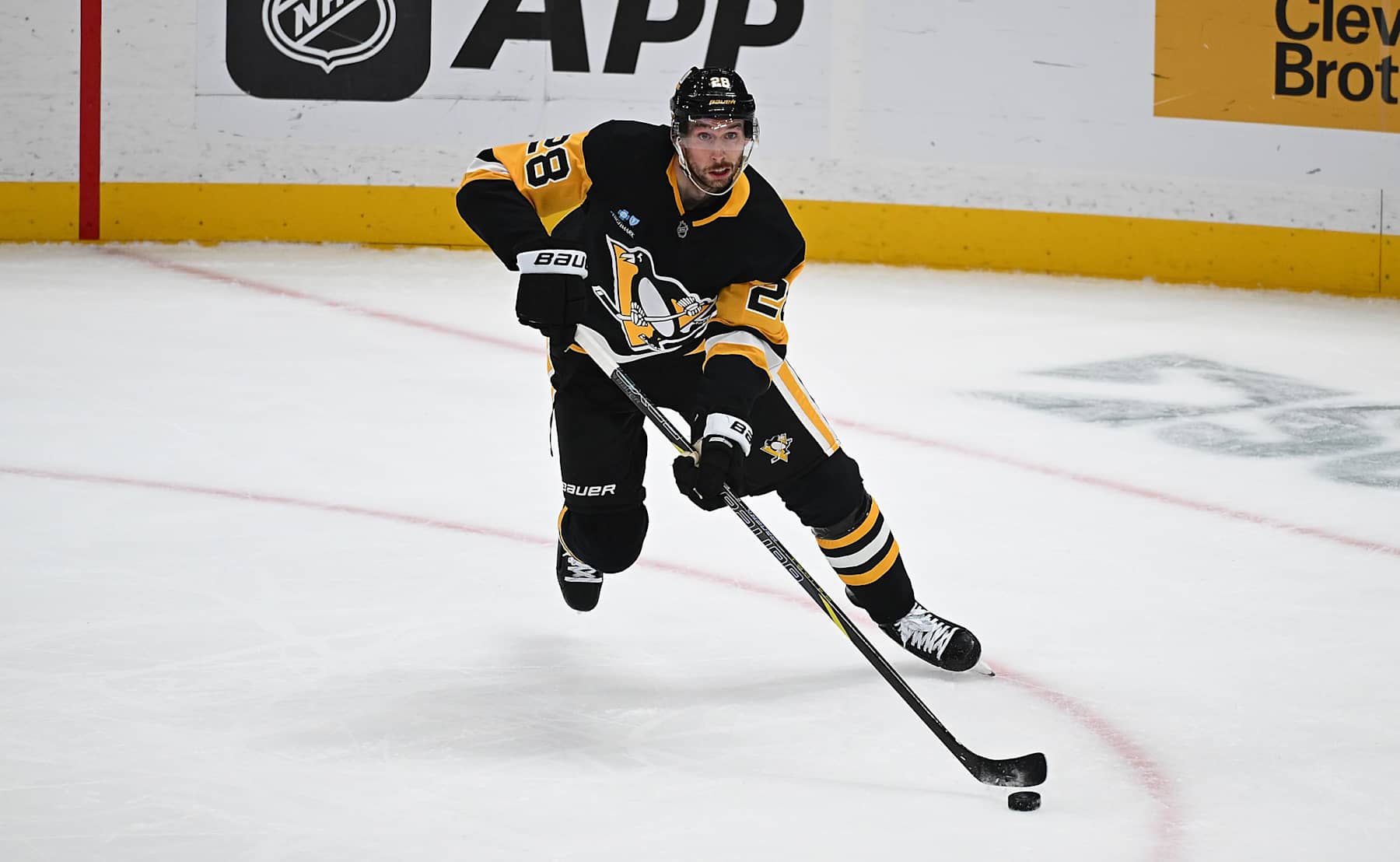 PITTSBURGH, PENNSYLVANIA - NOVEMBER 22: Marcus Pettersson #28 of the Pittsburgh Penguins skates with the puck against the Winnipeg Jets during the game at PPG PAINTS Arena on November 22, 2024 in Pittsburgh, Pennsylvania. (Photo by Justin Berl/Getty Images)