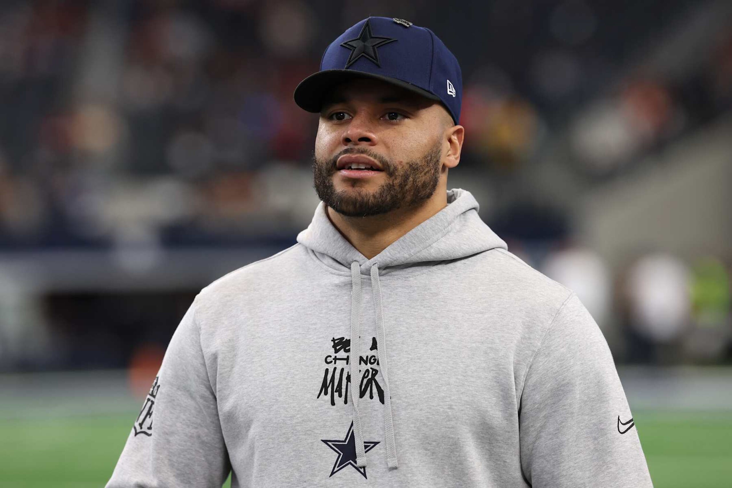 ARLINGTON, TEXAS - JANUARY 05: Dak Prescott #4 of the Dallas Cowboys looks on prior to the game against the Washington Commanders at AT&T Stadium on January 05, 2025 in Arlington, Texas. (Photo by Sam Hodde/Getty Images)