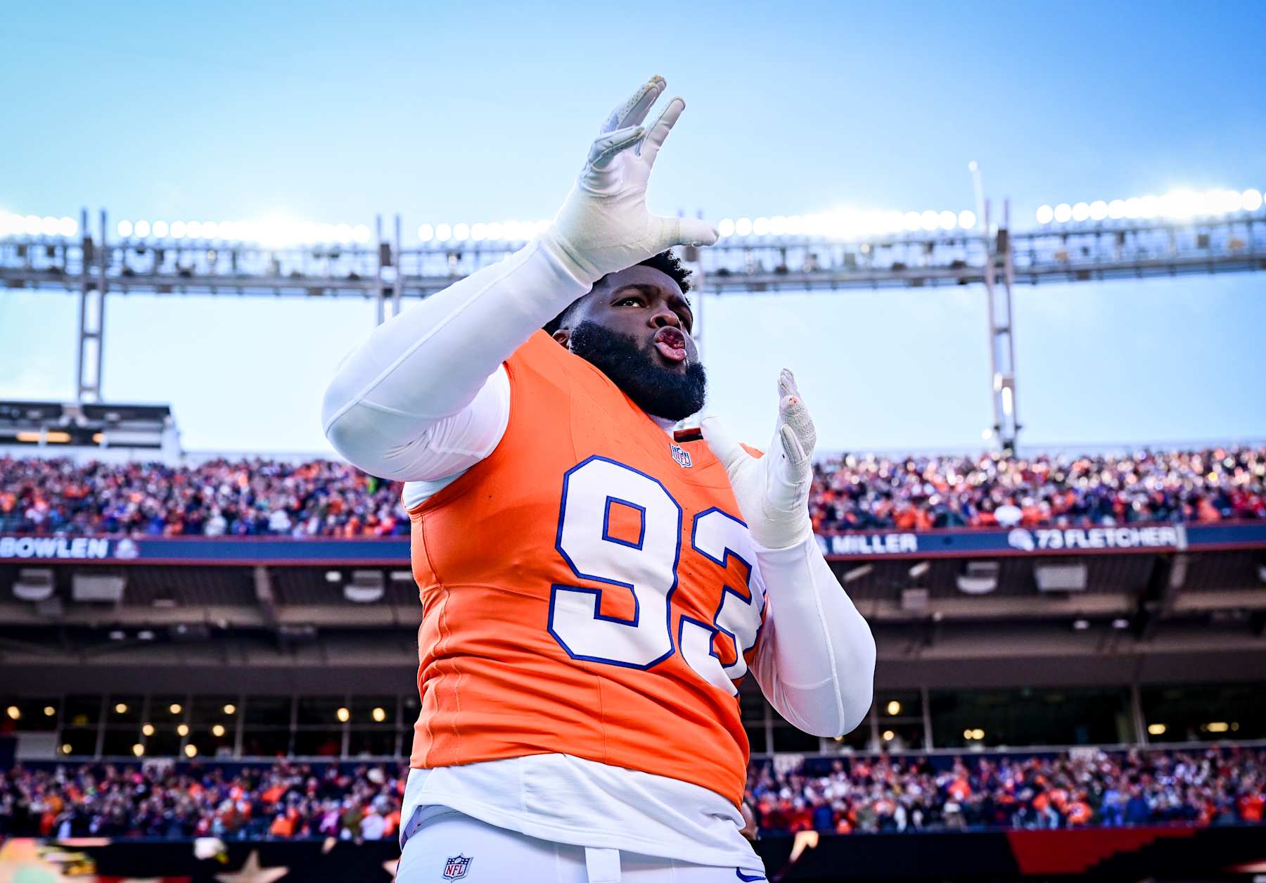 DENVER, CO - JANUARY 5: D.J. Jones (93) of the Denver Broncos locks in before the first quarter against the Kansas City Chiefs at Empower Field at Mile High on Sunday, January 5, 2025. (Photo by AAron Ontiveroz/The Denver Post)