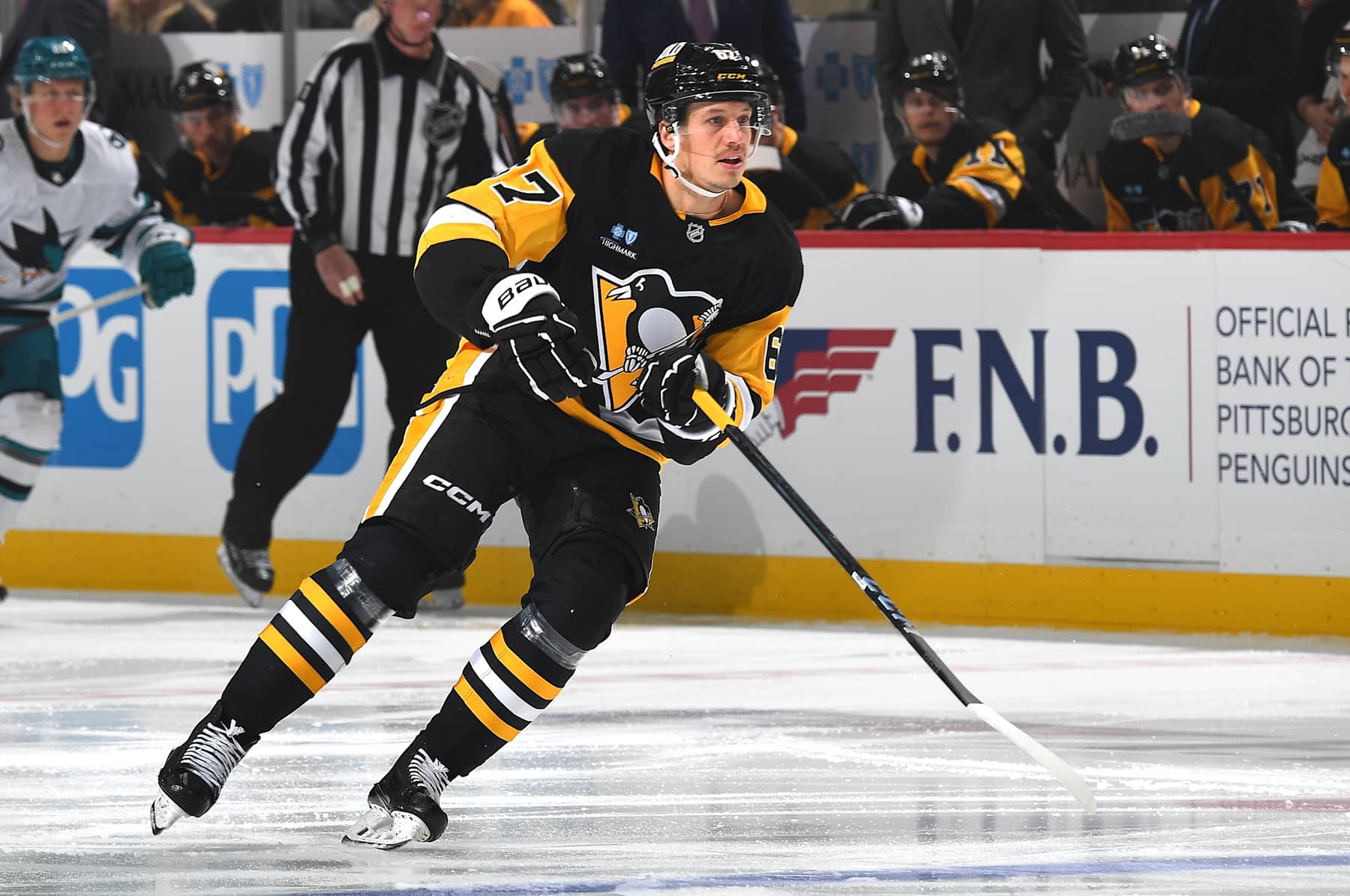 PITTSBURGH, PA - NOVEMBER 16:  Rickard Rakell #67 of the Pittsburgh Penguins skates during the game against the San Jose Sharks at PPG PAINTS Arena on November 16, 2024 in Pittsburgh, Pennsylvania. (Photo by Joe Sargent/NHLI via Getty Images)