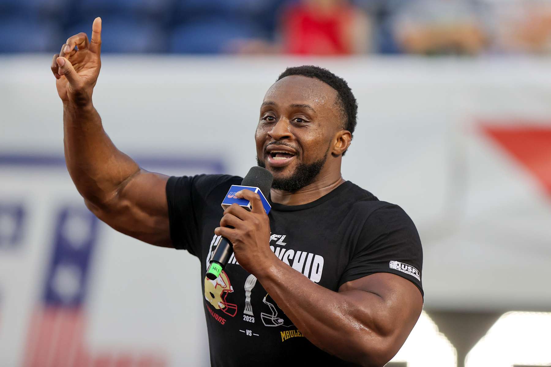 CANTON, OH - JULY 01: Ettore Ewan, also known as WWE Superstar and former champion Big E, acts as in-game host during the first quarter of the 2023 USFL Championship game between the Pittsburgh Maulers and Birmingham Stallions on July 1, 2023, at the Tom Benson Hall of Fame Stadium in Canton, OH. (Photo by Frank Jansky/Icon Sportswire via Getty Images)