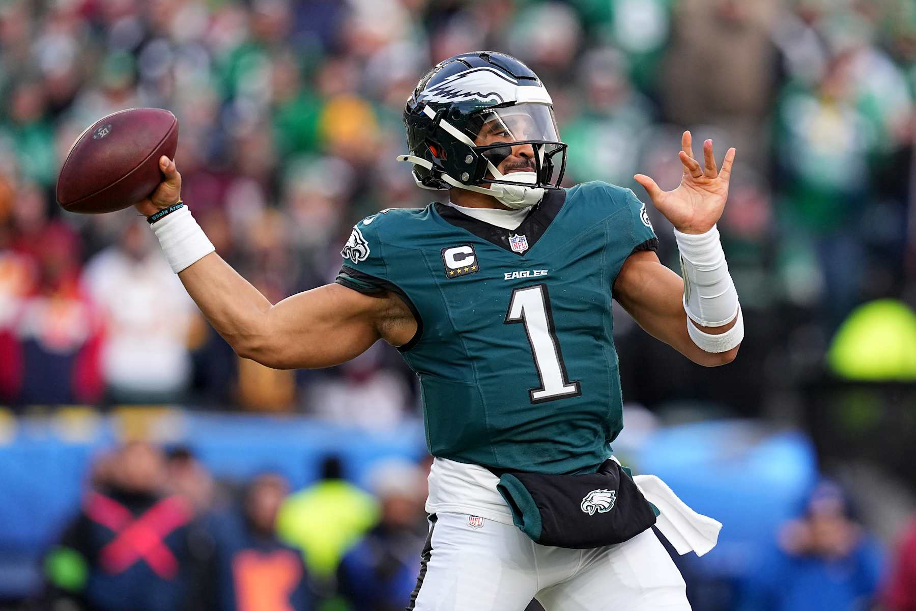 PHILADELPHIA, PENNSYLVANIA - JANUARY 26: Jalen Hurts #1 of the Philadelphia Eagles throws a pass against the Washington Commanders during the second quarter in the NFC Championship Game at Lincoln Financial Field on January 26, 2025 in Philadelphia, Pennsylvania.  (Photo by Mitchell Leff/Getty Images)