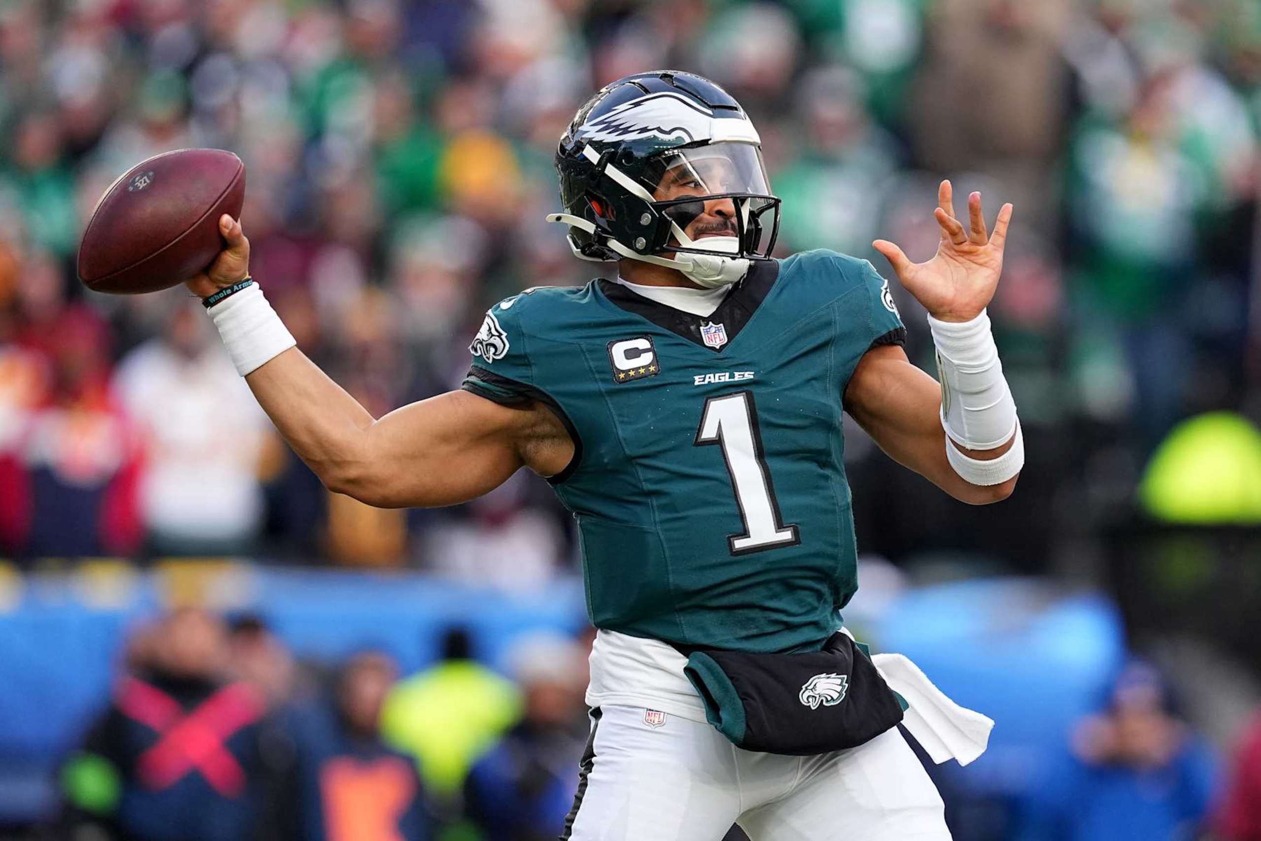 PHILADELPHIA, PENNSYLVANIA - JANUARY 26: Jalen Hurts #1 of the Philadelphia Eagles throws a pass against the Washington Commanders during the second quarter in the NFC Championship Game at Lincoln Financial Field on January 26, 2025 in Philadelphia, Pennsylvania.  (Photo by Mitchell Leff/Getty Images)