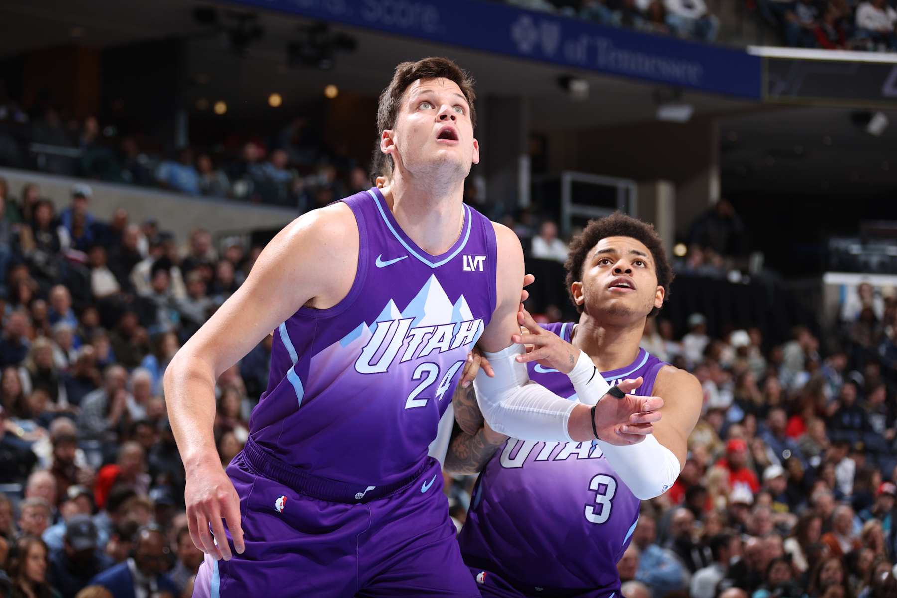 MEMPHIS, TN - JANUARY 25: Walker Kessler #24 of the Utah Jazz plays defense during the game against the Memphis Grizzlies  on January  25, 2025 at FedExForum in Memphis, Tennessee. NOTE TO USER: User expressly acknowledges and agrees that, by downloading and or using this photograph, User is consenting to the terms and conditions of the Getty Images License Agreement. Mandatory Copyright Notice: Copyright 2025 NBAE (Photo by Stephen Gosling/NBAE via Getty Images)