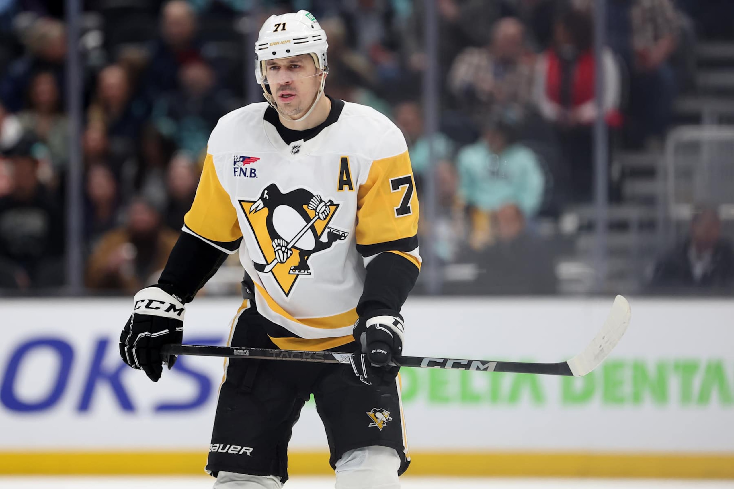 SEATTLE, WASHINGTON - JANUARY 25: Evgeni Malkin #71 of the Pittsburgh Penguins looks on against the Seattle Kraken during the first period at Climate Pledge Arena on January 25, 2025 in Seattle, Washington. (Photo by Steph Chambers/Getty Images) SEATTLE, WASHINGTON - JANUARY 25: Evgeni Malkin #71 of the Pittsburgh Penguins looks on against the Seattle Kraken during the first period at Climate Pledge Arena on January 25, 2025 in Seattle, Washington. (Photo by Steph Chambers/Getty Images)