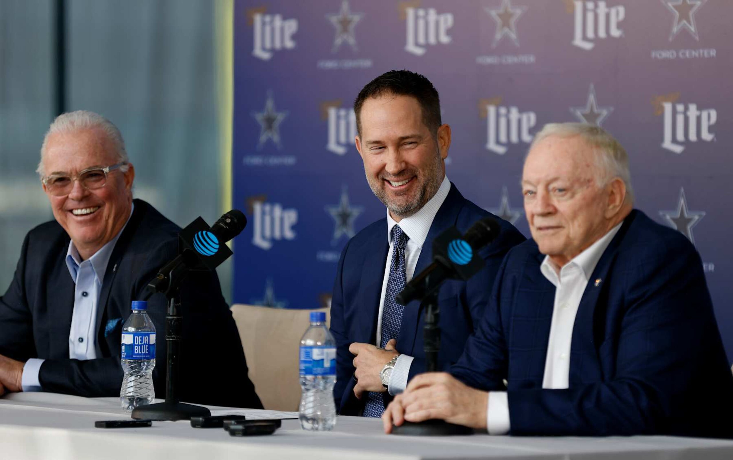 FRISCO, TEXAS - JANUARY 27: New head coach of the Dallas Cowboys Brian Schottenheimer smiles during at a press conference along side CEO and Executive Vice President Stephen Jones and team owner Jerry Jones at The Star in Frisco on January 27, 2025 in Frisco, Texas. (Photo by Ron Jenkins/Getty Images) FRISCO, TEXAS - JANUARY 27: New head coach of the Dallas Cowboys Brian Schottenheimer smiles during at a press conference along side CEO and Executive Vice President Stephen Jones and team owner Jerry Jones at The Star in Frisco on January 27, 2025 in Frisco, Texas. (Photo by Ron Jenkins/Getty Images)