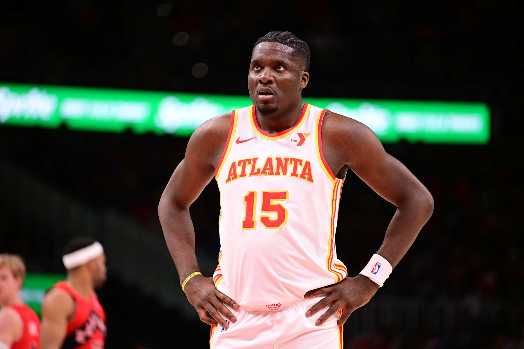 ATLANTA, GA - JANUARY 25: Clint Capela #15 of the Atlanta Hawks looks on during the game against the Toronto Raptors on January 25, 2025 at State Farm Arena in Atlanta, Georgia.  NOTE TO USER: User expressly acknowledges and agrees that, by downloading and/or using this Photograph, user is consenting to the terms and conditions of the Getty Images License Agreement. Mandatory Copyright Notice: Copyright 2025 NBAE (Photo by Adam Hagy/NBAE via Getty Images)
