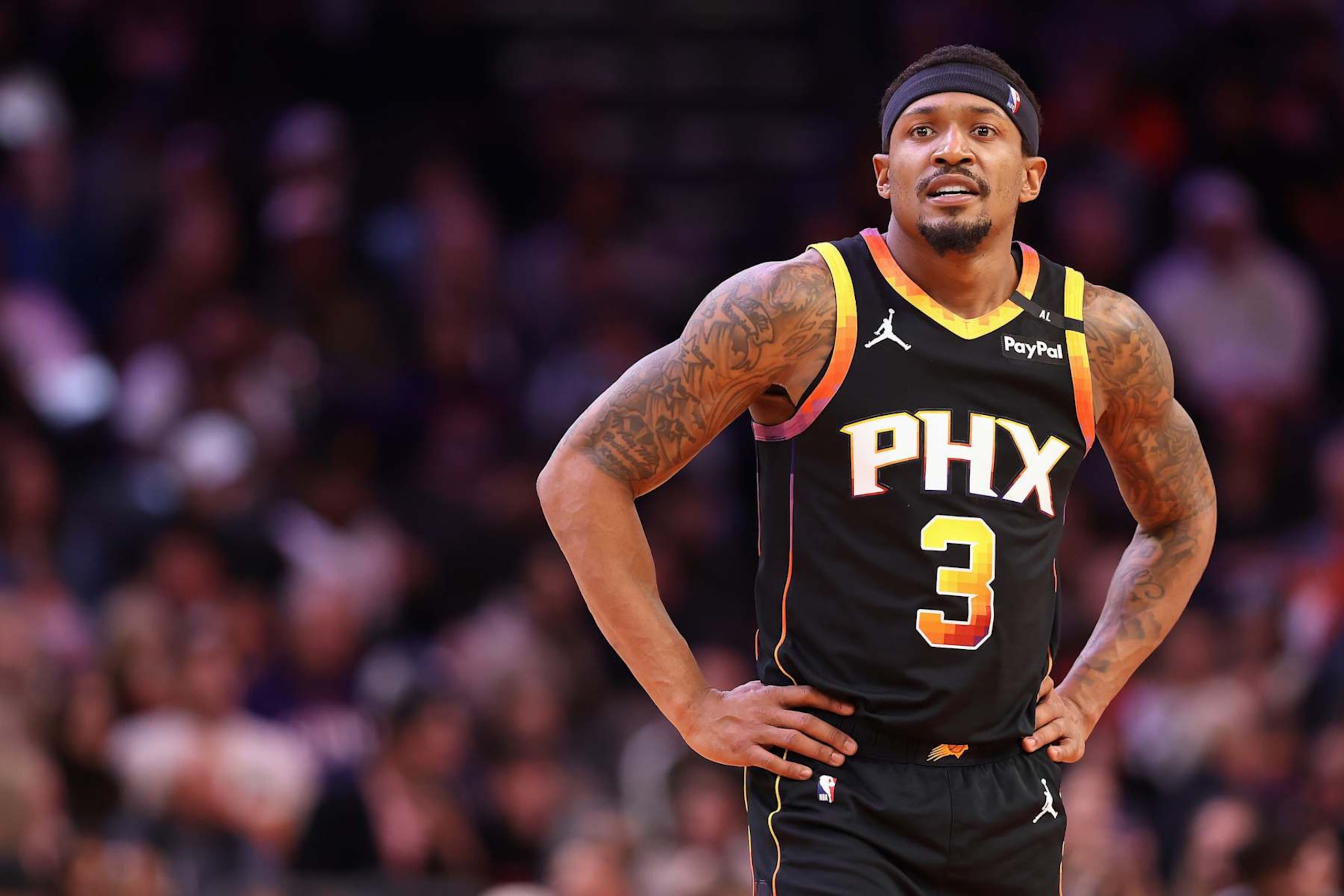 PHOENIX, ARIZONA - JANUARY 25: Bradley Beal #3 of the Phoenix Suns looks on during the second half of the NBA game against the Washington Wizards at Footprint Center on January 25, 2025 in Phoenix, Arizona. The Suns defeated the Wizards 119-109. NOTE TO USER: User expressly acknowledges and agrees that, by downloading and or using this photograph, User is consenting to the terms and conditions of the Getty Images License Agreement.  (Photo by Christian Petersen/Getty Images)