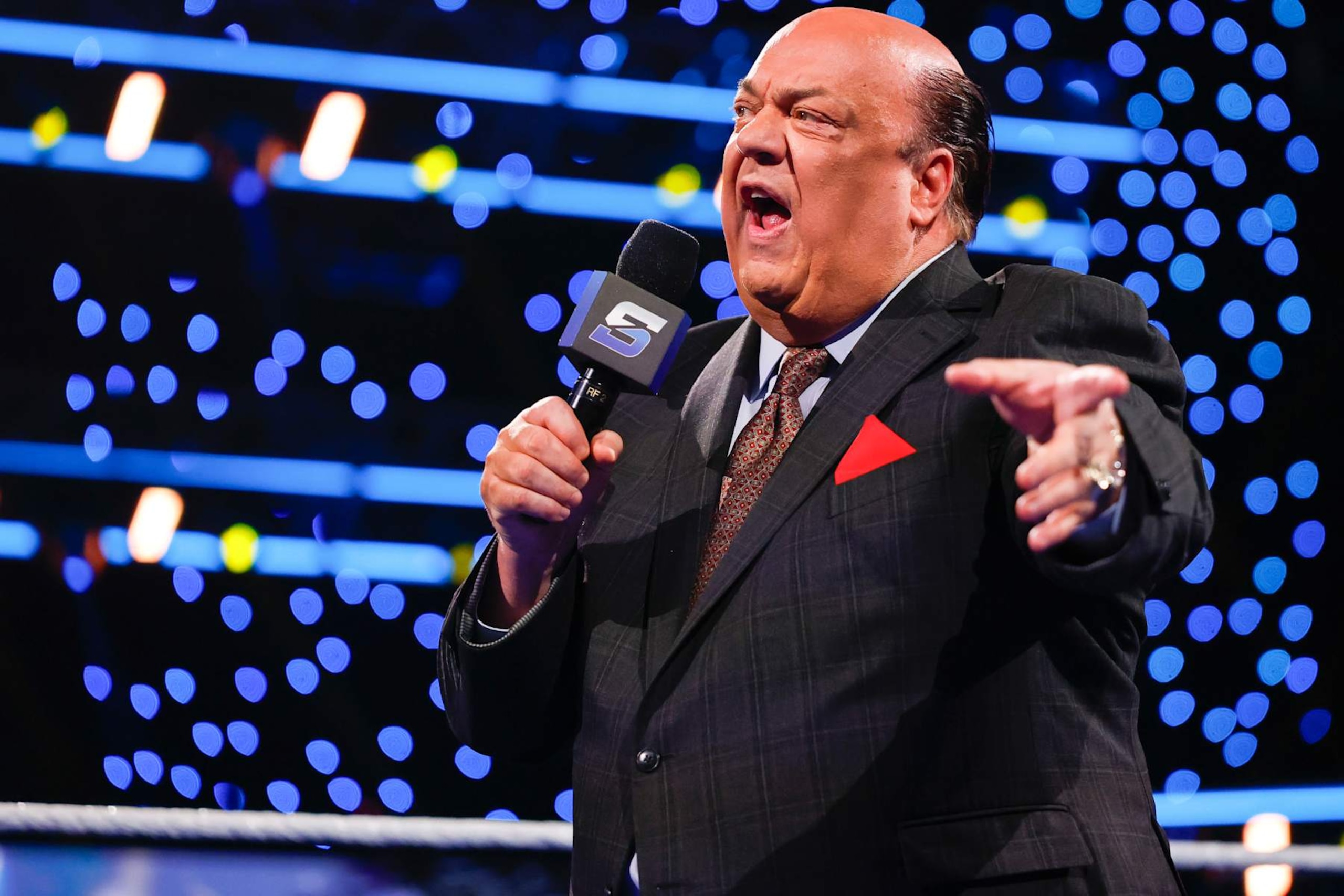 PHOENIX, ARIZONA - JANUARY 03: Paul Hayman makes a promo during Friday Night Smackdown at Footprint Center on January 3, 2025 in Phoenix, Arizona. (Photo by WWE/Getty Images)