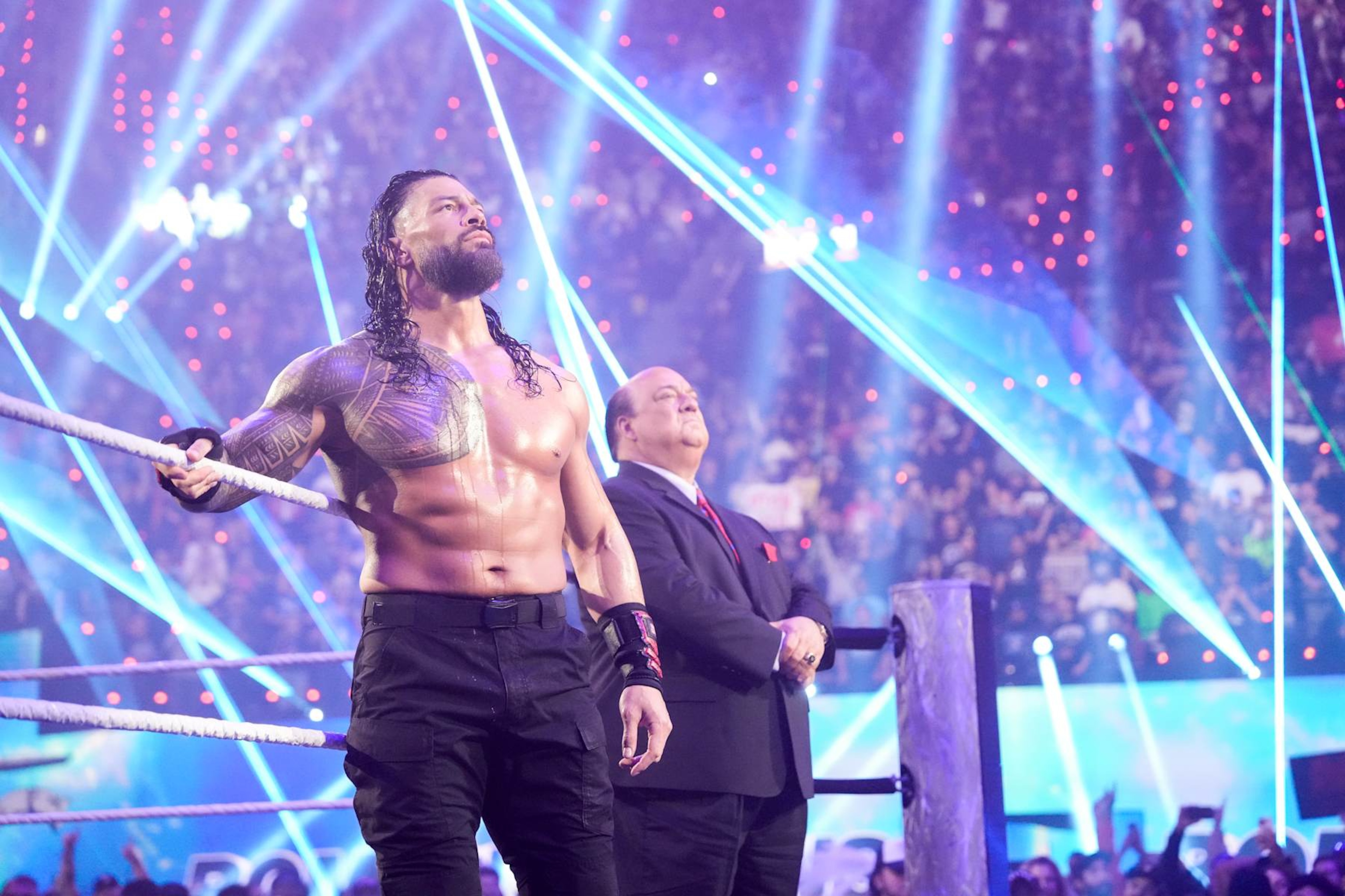 INGLEWOOD, CALIFORNIA - JANUARY 06: Roman Reigns and Paul Heyman enter the ring during Monday Night RAW at Intuit Dome on January 6, 2025 in Inglewood, California.  (Photo by WWE/Getty Images)