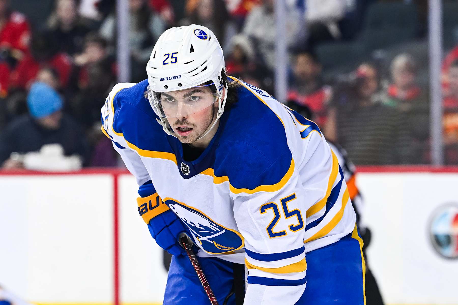 CALGARY, AB - JANUARY 23: Buffalo Sabres defenseman Owen Power (25) waits for a face-off during the Buffalo Sabres versus the Calgary Flames game on January 23, 2025, at Scotiabank Saddledome in Calgary, AB (Photo by David Kirouac/Icon Sportswire via Getty Images)