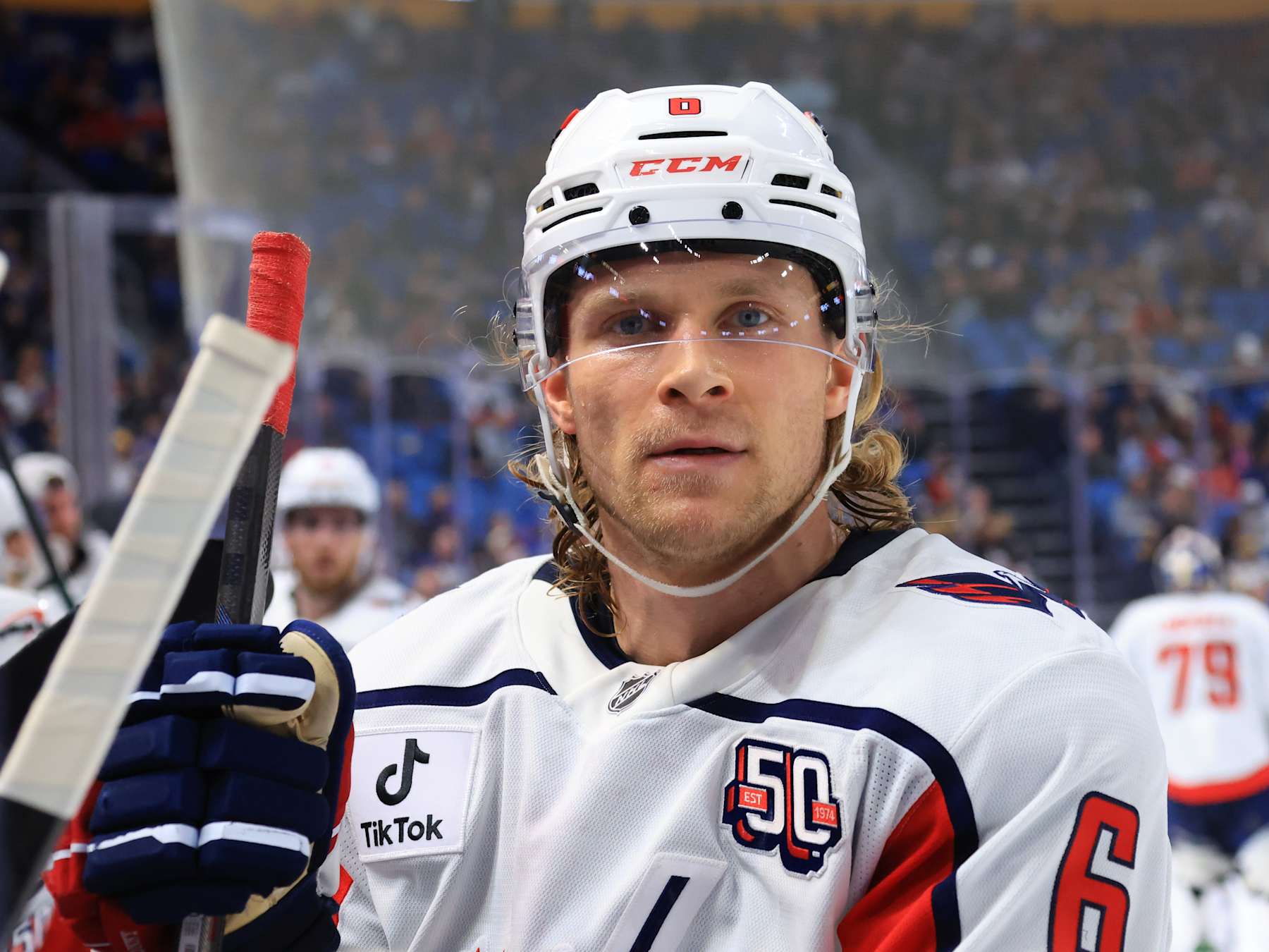 BUFFALO, NEW YORK - JANUARY 6: Jakob Chychrun #6 of the Washington Capitals is seen during a break in an NHL game against the Buffalo Sabres on January 6, 2025 at KeyBank Center in Buffalo, New York. (Photo by Bill Wippert/NHLI via Getty Images)