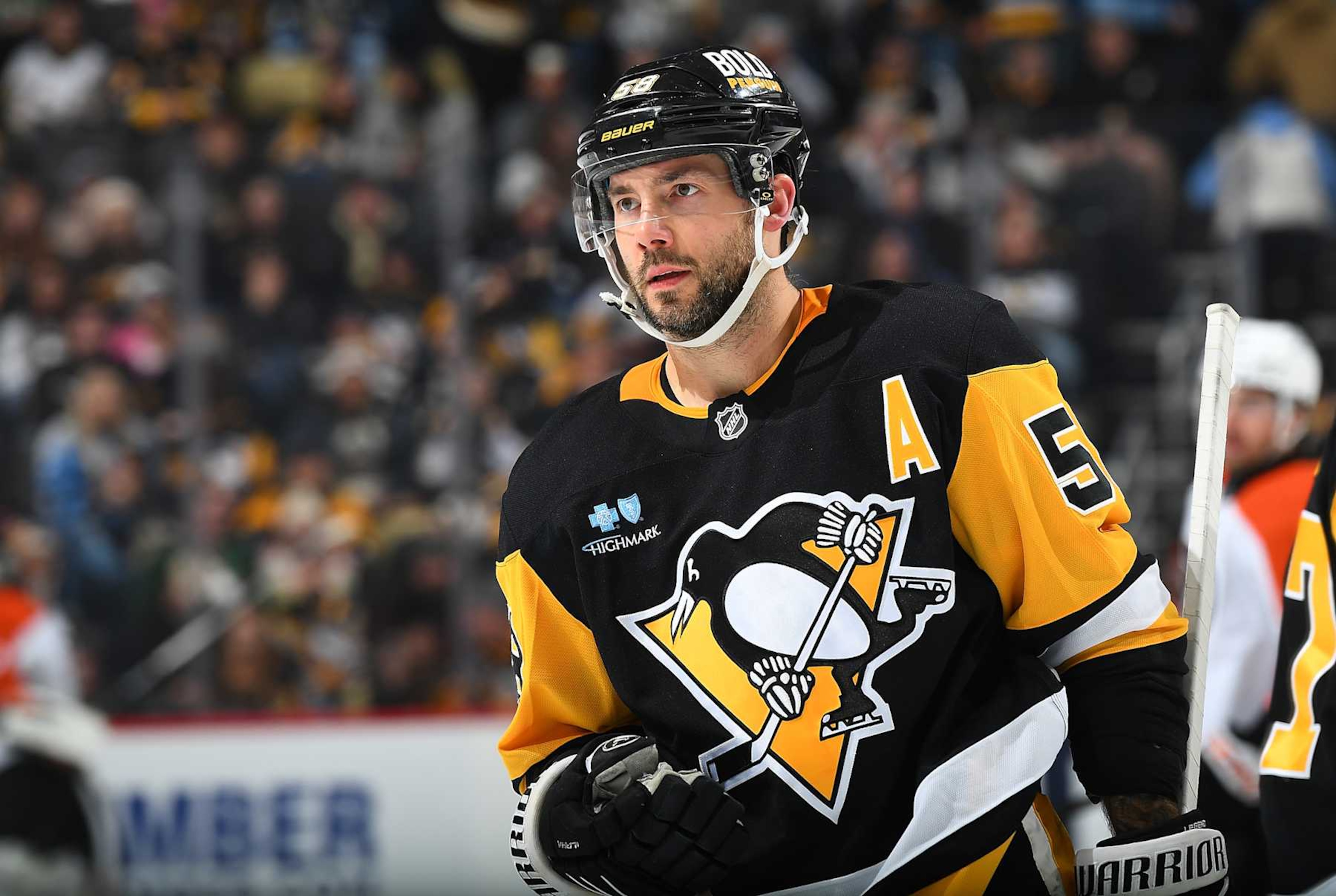 PITTSBURGH, PA - DECEMBER 23:  Kris Letang #58 of the Pittsburgh Penguins skates during the game against the Philadelphia Flyers at PPG PAINTS Arena on December 23, 2024 in Pittsburgh, Pennsylvania. (Photo by Joe Sargent/NHLI via Getty Images)