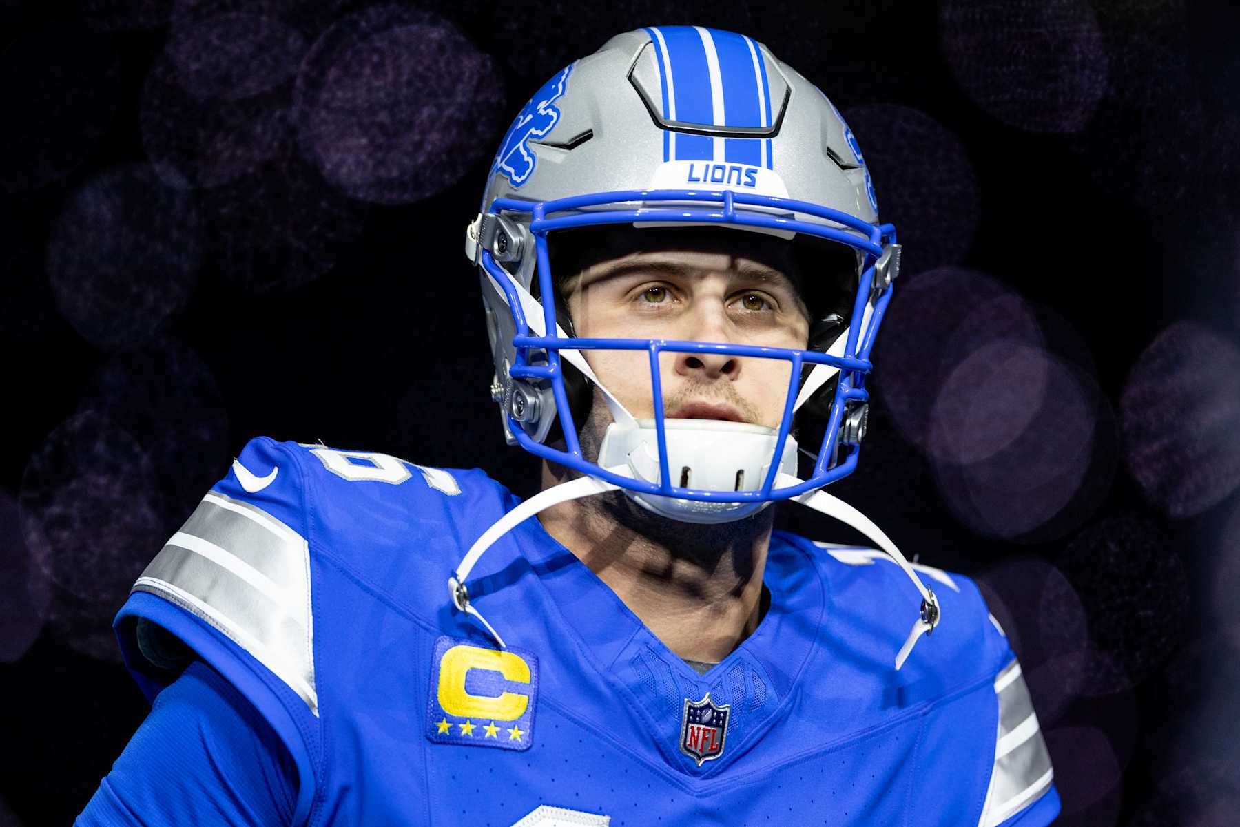 DETROIT, MICHIGAN - JANUARY 18: Jared Goff #16 of the Detroit Lions takes the field prior to an NFL Football game against the Washington Commanders at Ford Field on January 18, 2025 in Detroit, Michigan. (Photo by Michael Owens/Getty Images)