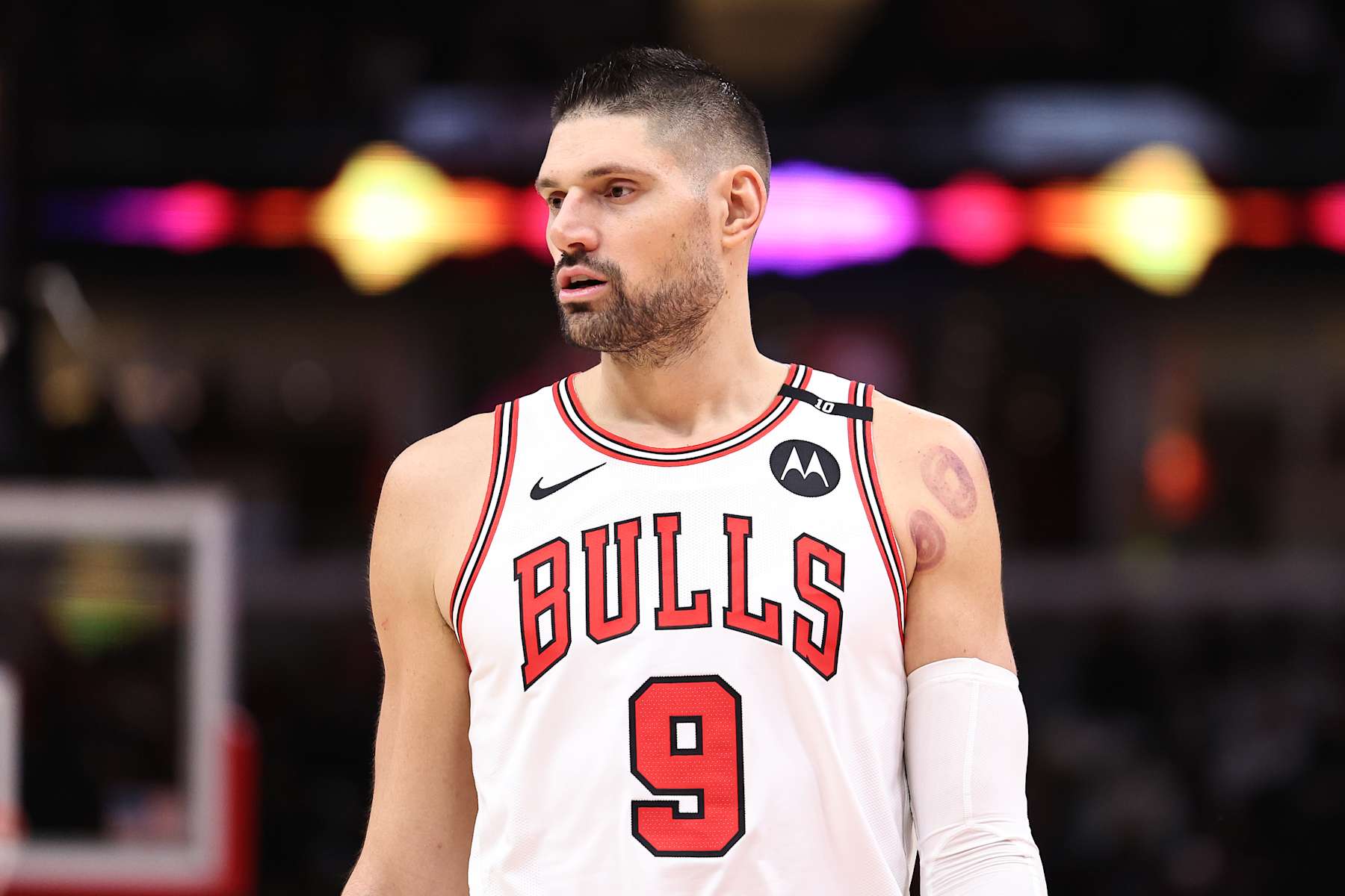 CHICAGO, ILLINOIS - JANUARY 15: Nikola Vucevic #9 of the Chicago Bulls looks on during a game against the Atlanta Hawks at the United Center on January 15, 2025 in Chicago, Illinois. (Photo by Geoff Stellfox/Getty Images) NOTE TO USER: User expressly acknowledges and agrees that, by downloading and or using this photograph, User is consenting to the terms and conditions of the Getty Images License Agreement. (Photo by Geoff Stellfox/Getty Images)