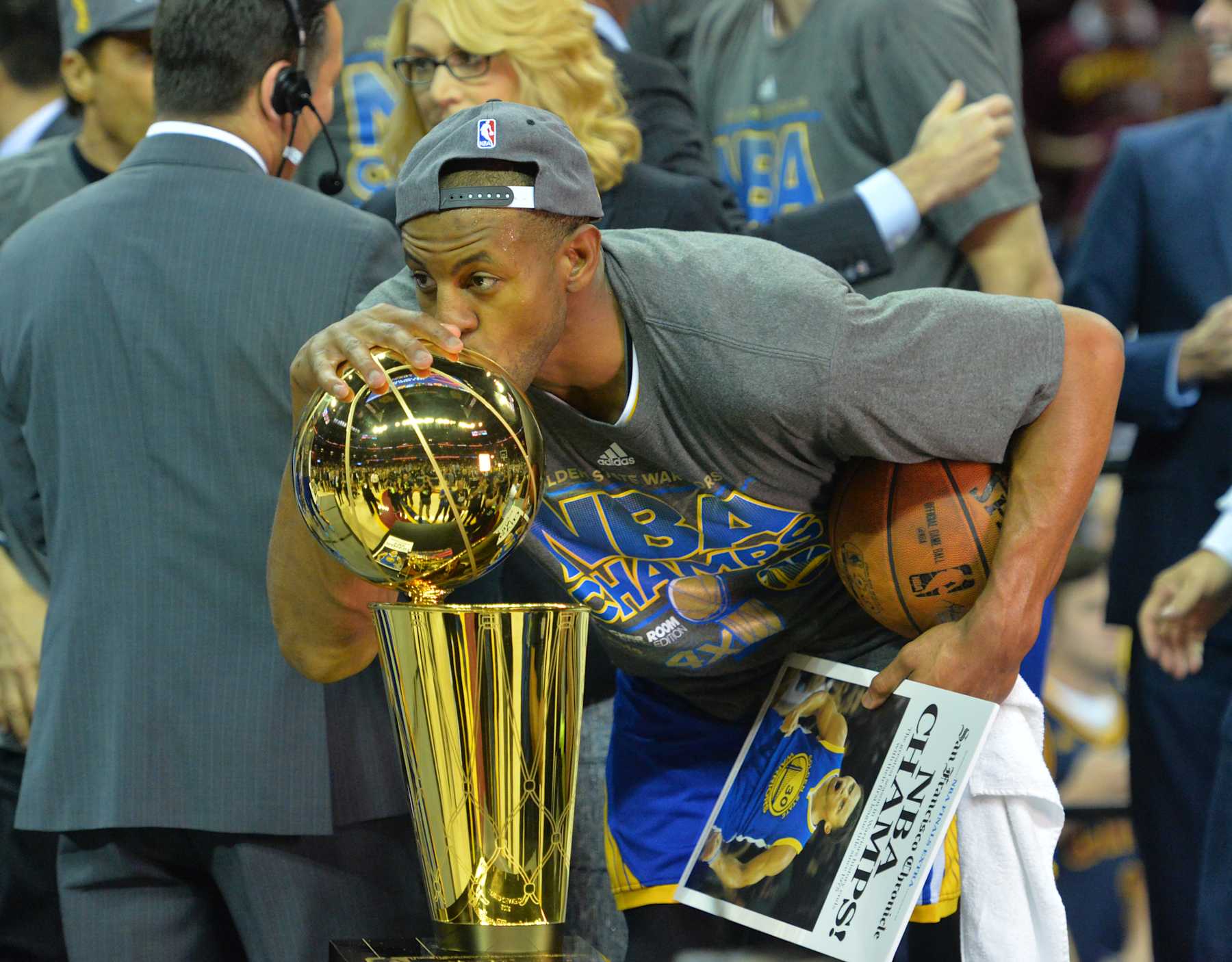 CLEVELAND, OH - JUNE 16:  Andre Iguodala #9 of the Golden State Warriors kisses the Larry O'Brien Trophy after a game against the Cleveland Cavaliers at the Quicken Loans Arena During Game Six of the 2015 NBA Finals on June 16, 2015 in Cleveland,Ohio NOTE TO USER: User expressly acknowledges and agrees that, by downloading and/or using this Photograph, user is consenting to the terms and conditions of the Getty Images License Agreement. Mandatory Copyright Notice: Copyright 2015 NBAE (Photo by Jesse D. Garrabrant/NBAE via Getty Images)